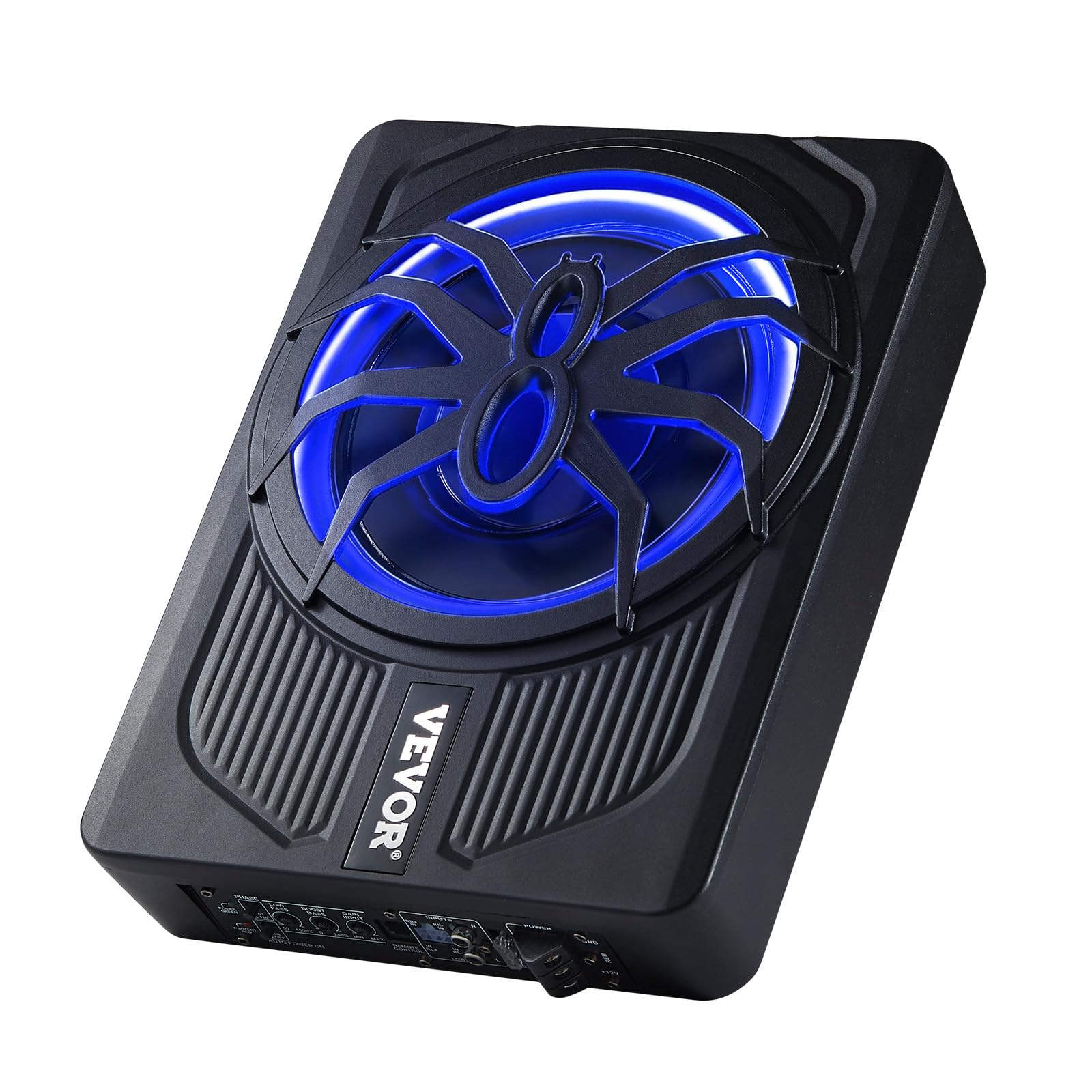 VEVOR Subwoofer per Auto Sotto Sedile, Subwoofer Auto Sottile Sistema Audio a Basso Profilo con Luce Blu, Amplificatore Integrato, Ingresso Livello Alto Basso Regolatore del Volume, 254 mm e 440 W