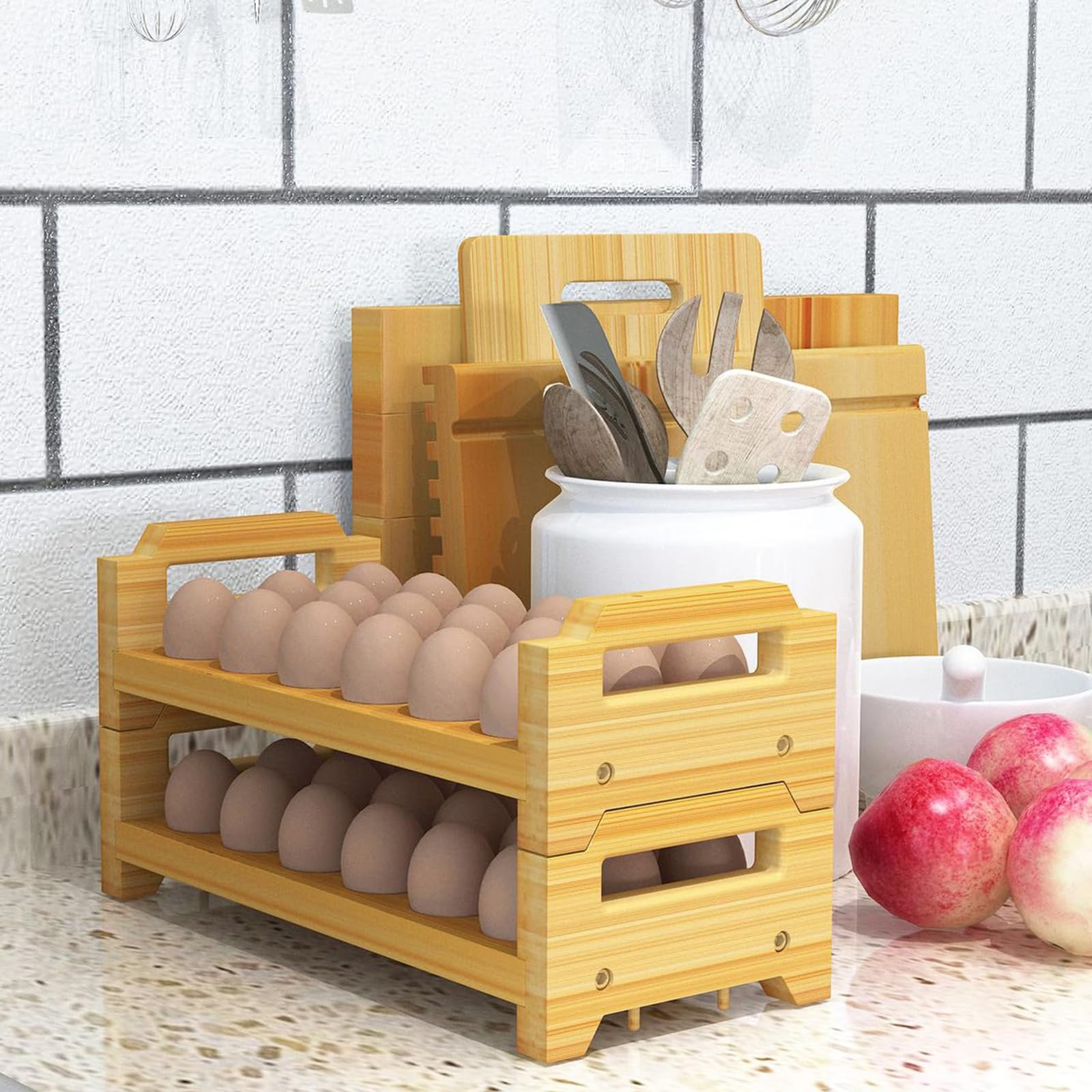 Portauovo in bambù, scaffalatura multistrato, organizer da cucina, materiali naturali (secondo piano)