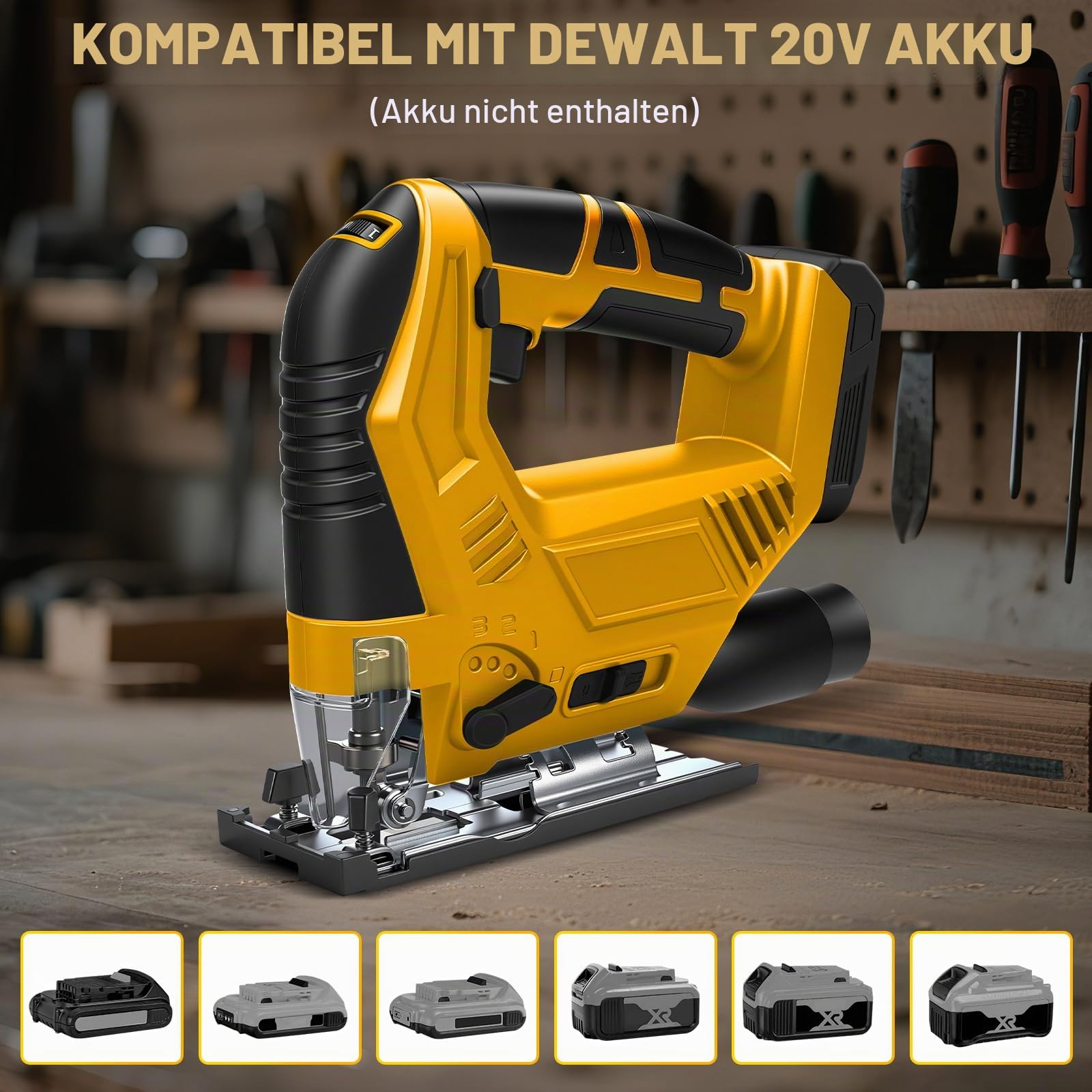 Akku Stichsäge kompatibel mit Dewalt 20V-Akku (ohne Batterie) | Elektrische Stichsäge, mit 45° Fase, 6 Geschwindigkeiten, 4 Orbital, Staubschlauch, Führungslineal und 5 Stück Sägeblätter
