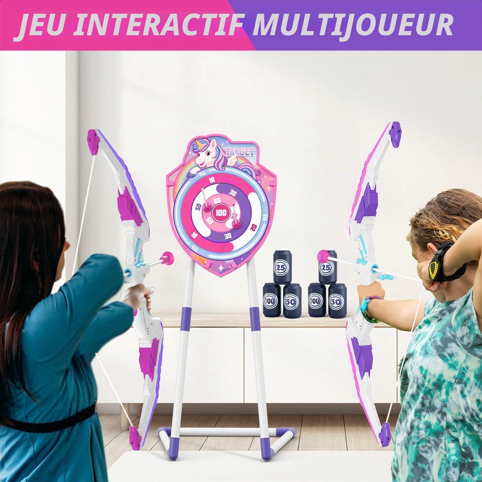 HYES Tir à l'arc Flèche et Arc Jouet pour Enfants, Kit de Tir à l'arc avec Lumières LED, flèches à Ventouse, Cible Debout, Flèches et Cibles de Score, Jouet d'Intérieur et d'Extérieur