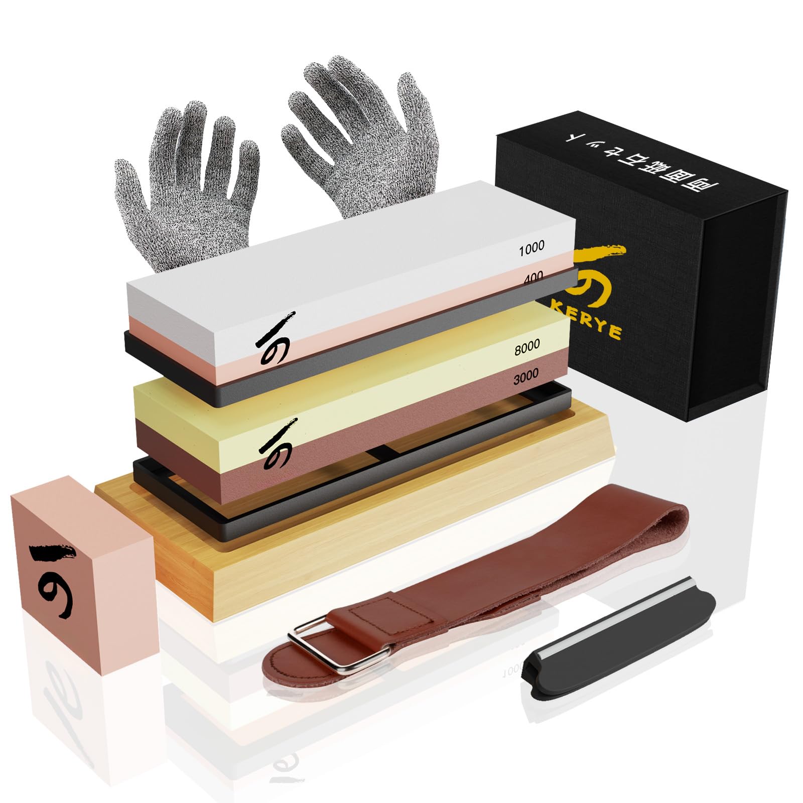 Knife Sharpening Stone Set, KERYE Professional Japanese Whetstone Knife Sharpener Kit, Premium 4 Side Grit 400/1000 3000/8000 Wet Stone, Flattening Stone, Angle Guide, Leather Strop, Anti Cut Gloves