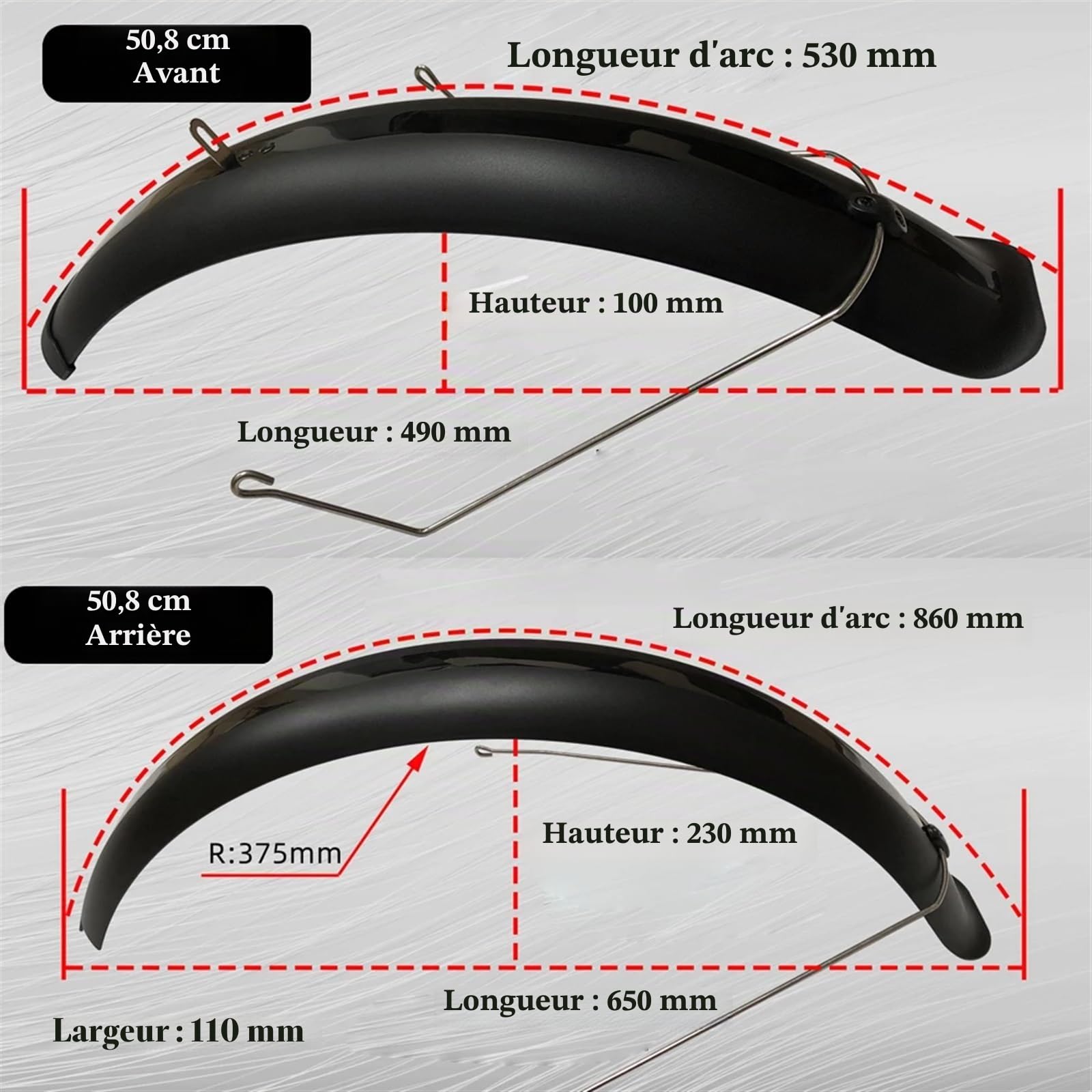 Garde Boue pour vélo Jeu de Garde-Boue de vélo 20x4.0 inch Larges Garde-Boue Avant arrière VTT Tout-Terrain Gros Pneu Ailes de vélo Couverture complète vélo Plastique (Color : A Pair Black)