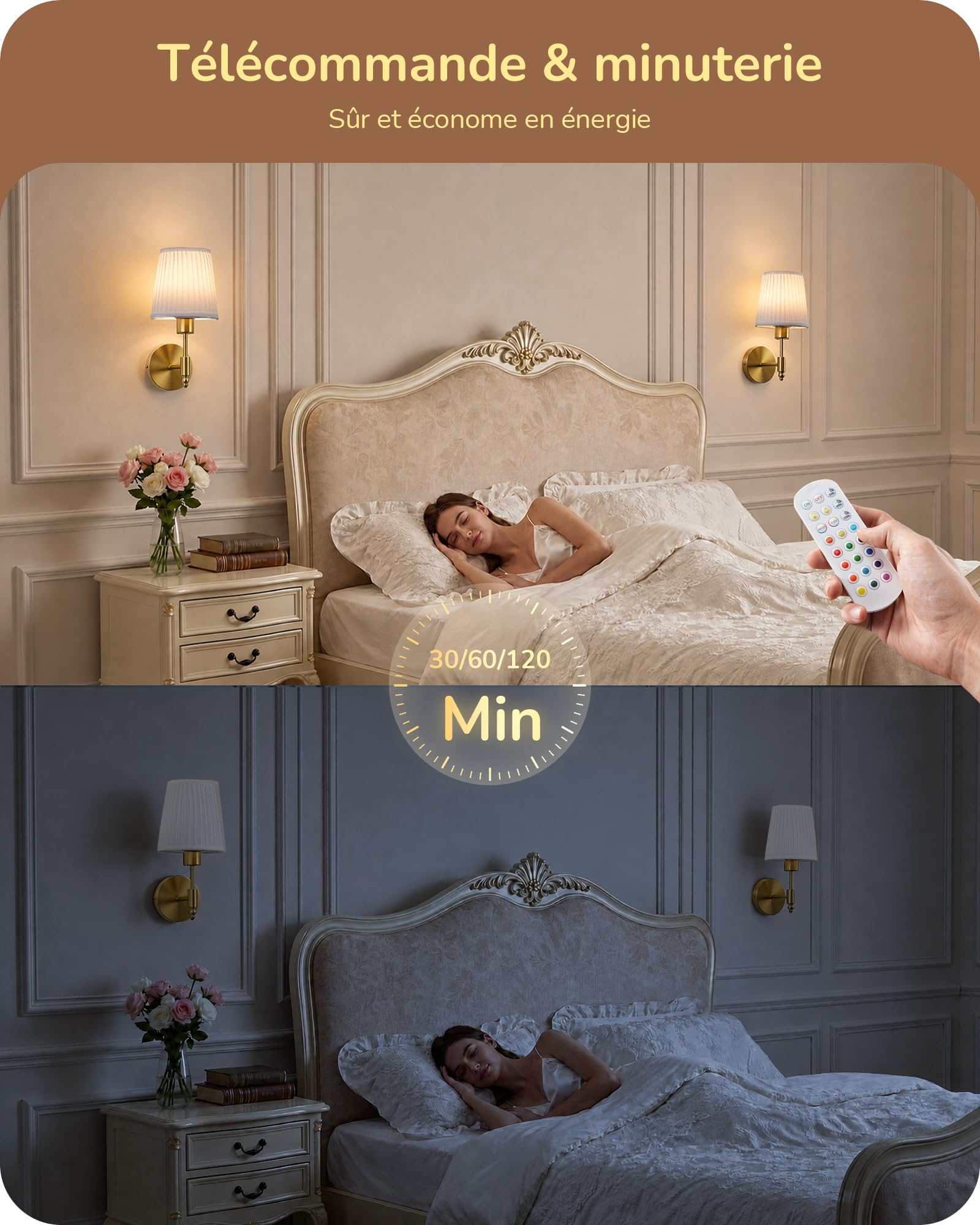 EDISHINE Applique Murale Rechargeable avec Télécommande, 12 RGB, Dorée