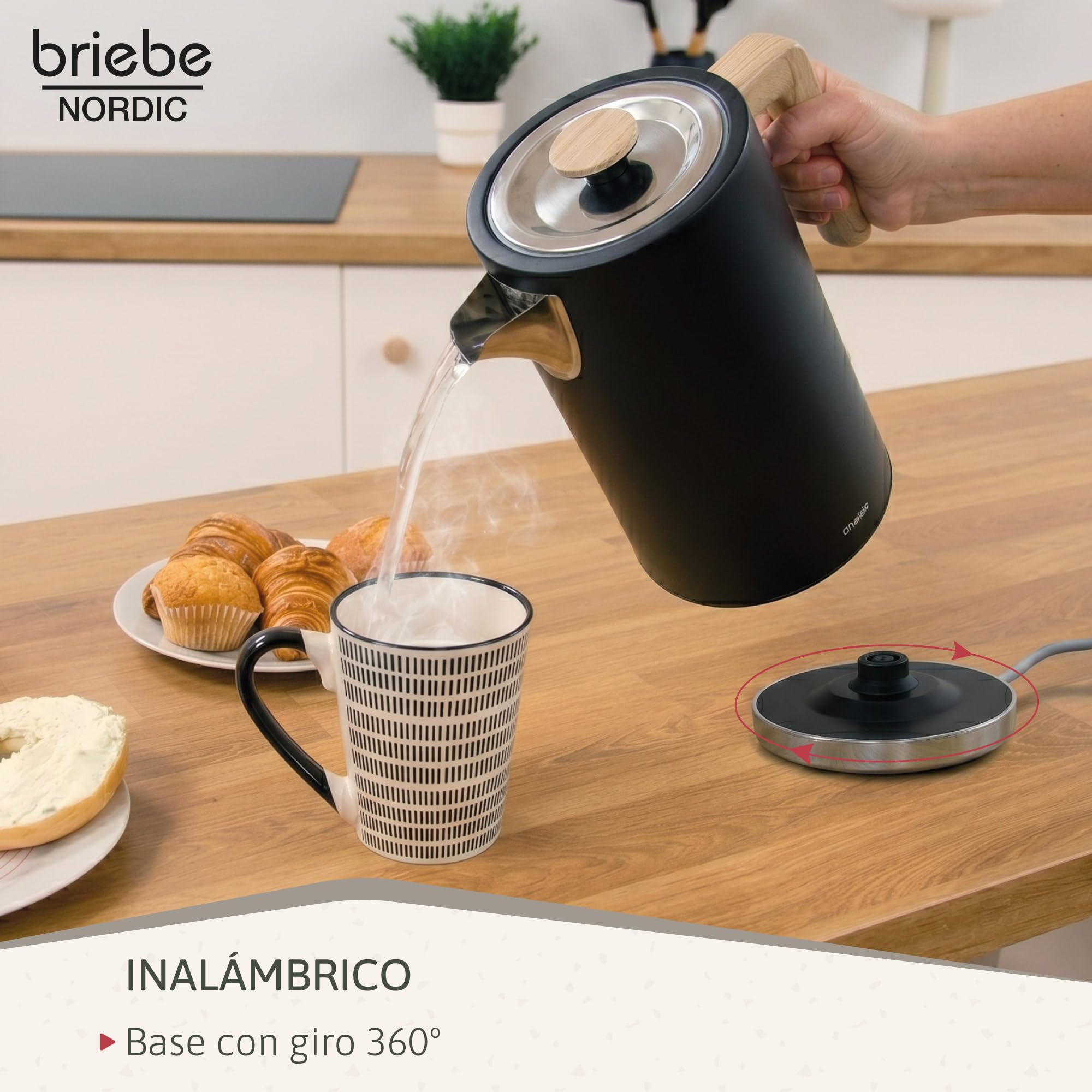 briebe Nordic Set Cafetera Espresso 20 Bares Cápsulas y Café Molido + Hervidor Agua Eléctrico 1,7L Inalámbrico 2200W + Tostadora Ranura Ancha 2 Rebanadas, Pack Desayuno Diseño Nórdico (Negro)