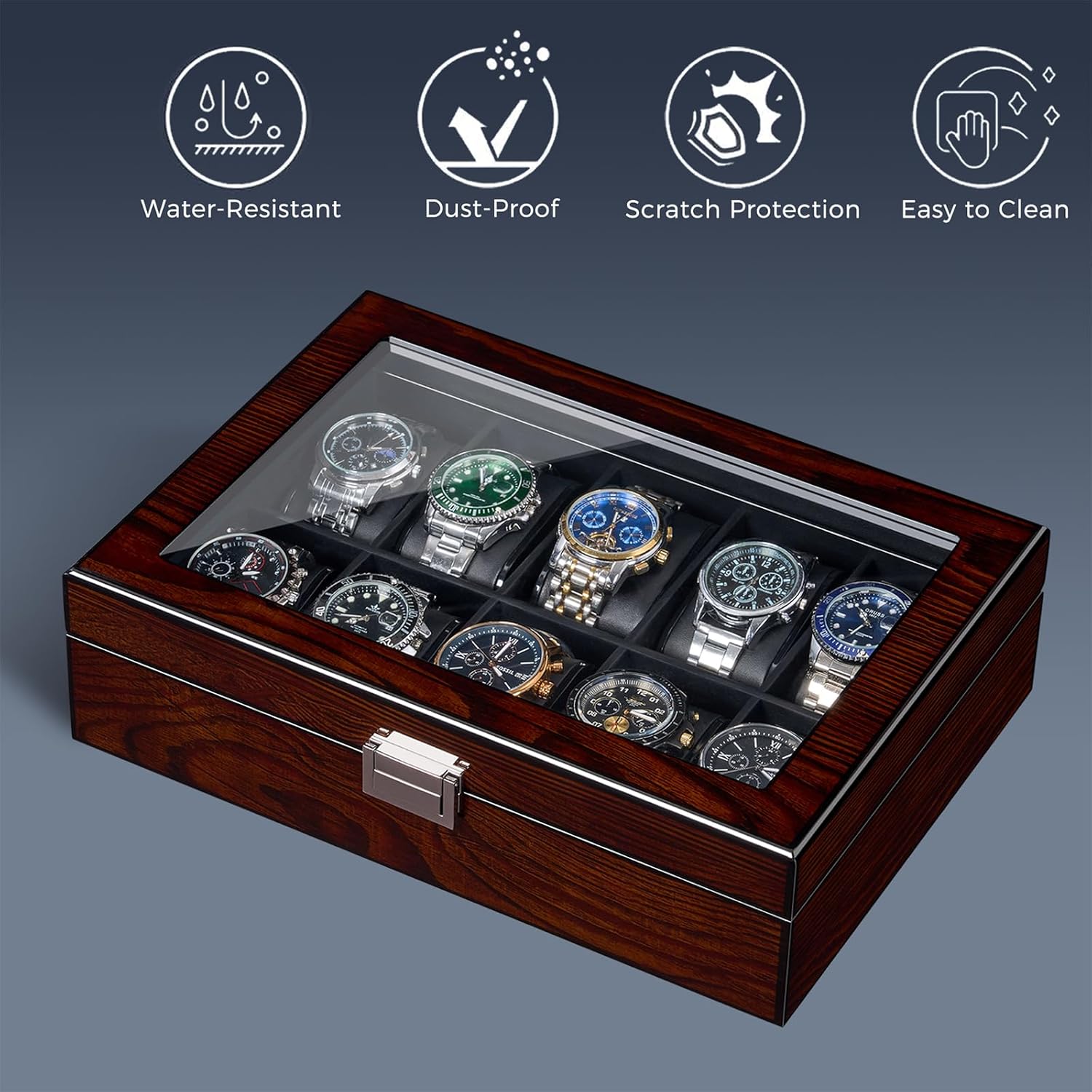BEWISHOME Watch Case, 10-Slot Watch Box with Large Glass Lid, Wooden Watch Box Organizer for Men, Watch Storage with Removable Watch Pillows, Synthetic Leather Interior, Brown SSH10Y