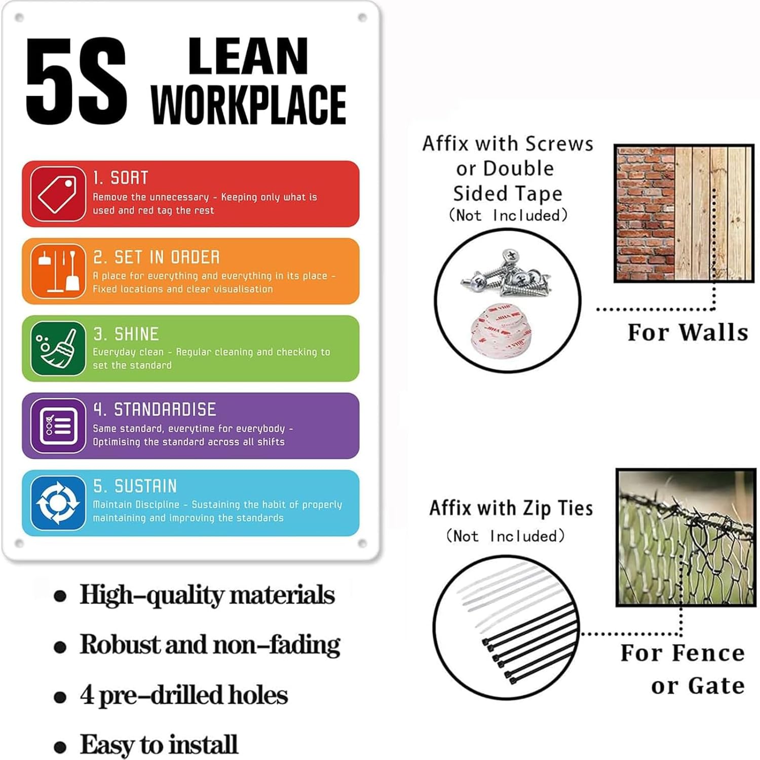 5S Lean Workplace Aluminum Sign Bar Signs For Farmhouse, Home, Office, Classroom, Restaurant (White, 18x12 Inch)
