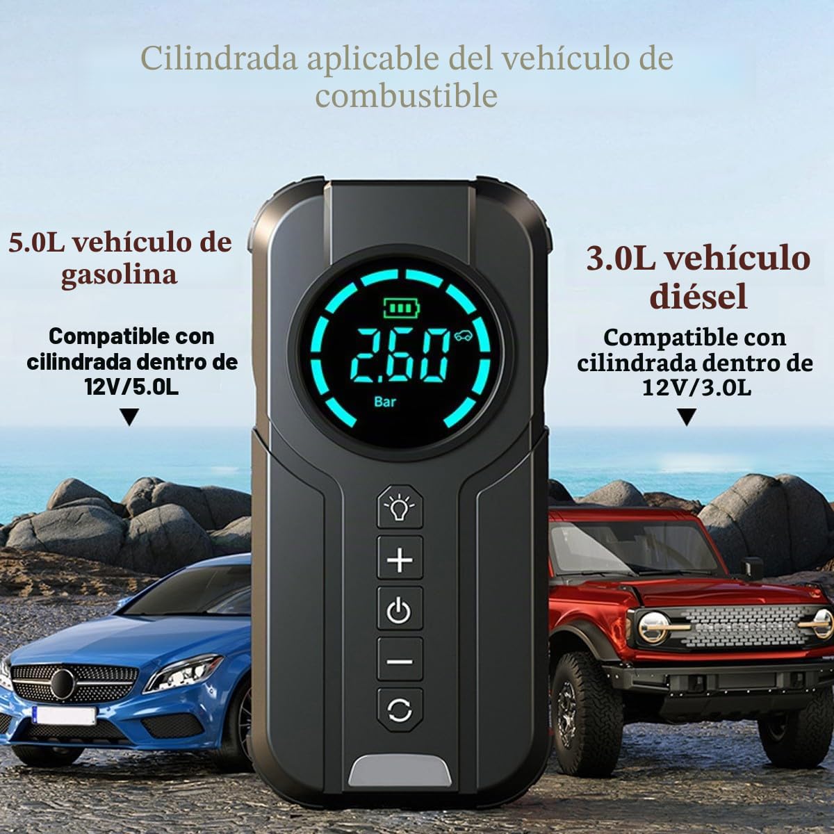 Arrancador BateríA Coche PortáTil con Compresor Aire, Arrancador BateríA Coche 10000 mAh (5,0 Gasolina/3,0 L DiéSel), Caja Salto Pico 12 V 1000 A, Arrancador BateríA Coche con Pantalla(Black)