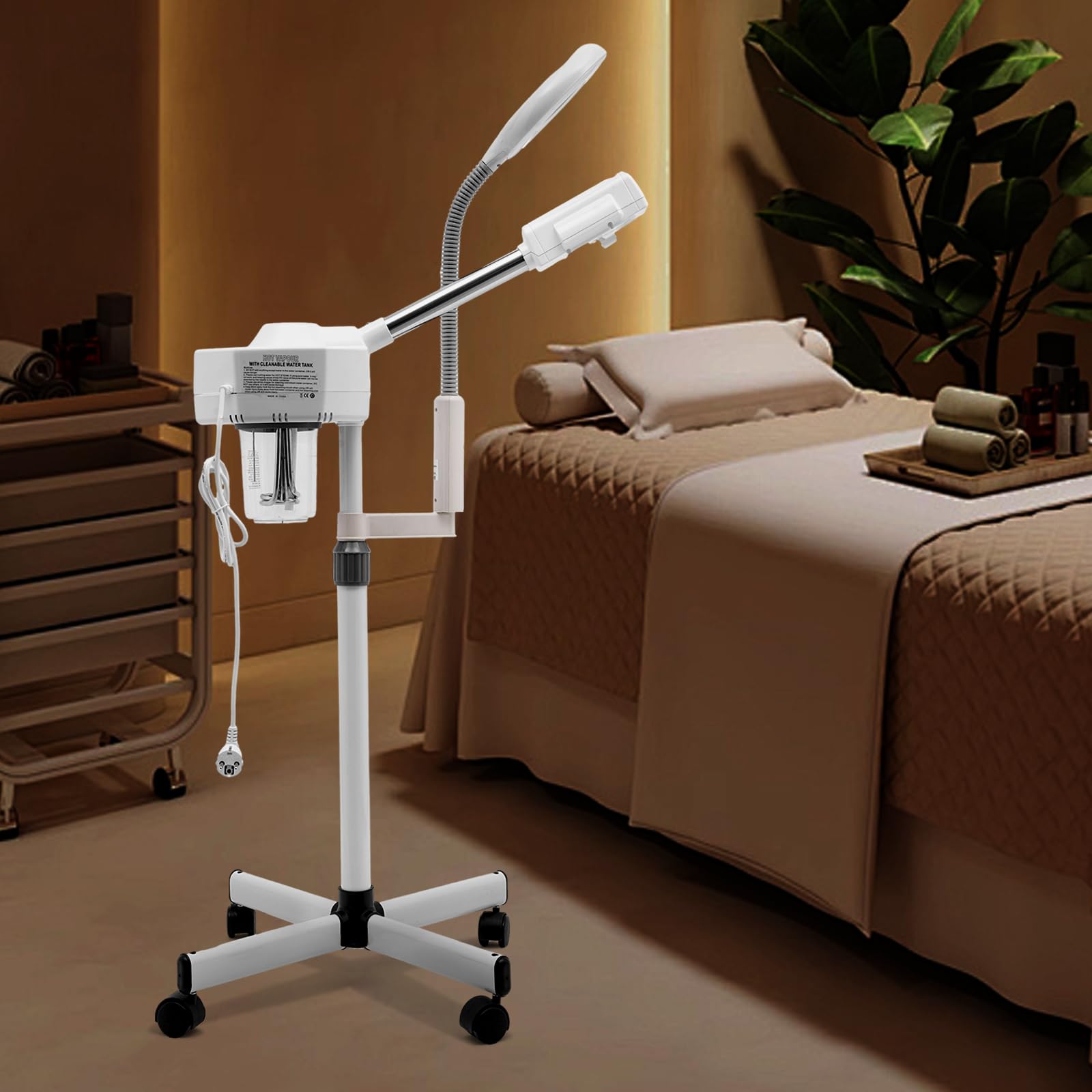 MINRS Gesichtsdampfer Porenreiniger 2 in 1 Kosmetikstudio Gesichtssauna Verdampfer mit 5 Fache LED Lupenleuchte 800W Feuchtigkeitsspendende Schönheit Instrument für Haushalte, Schönheitssalons, Spas