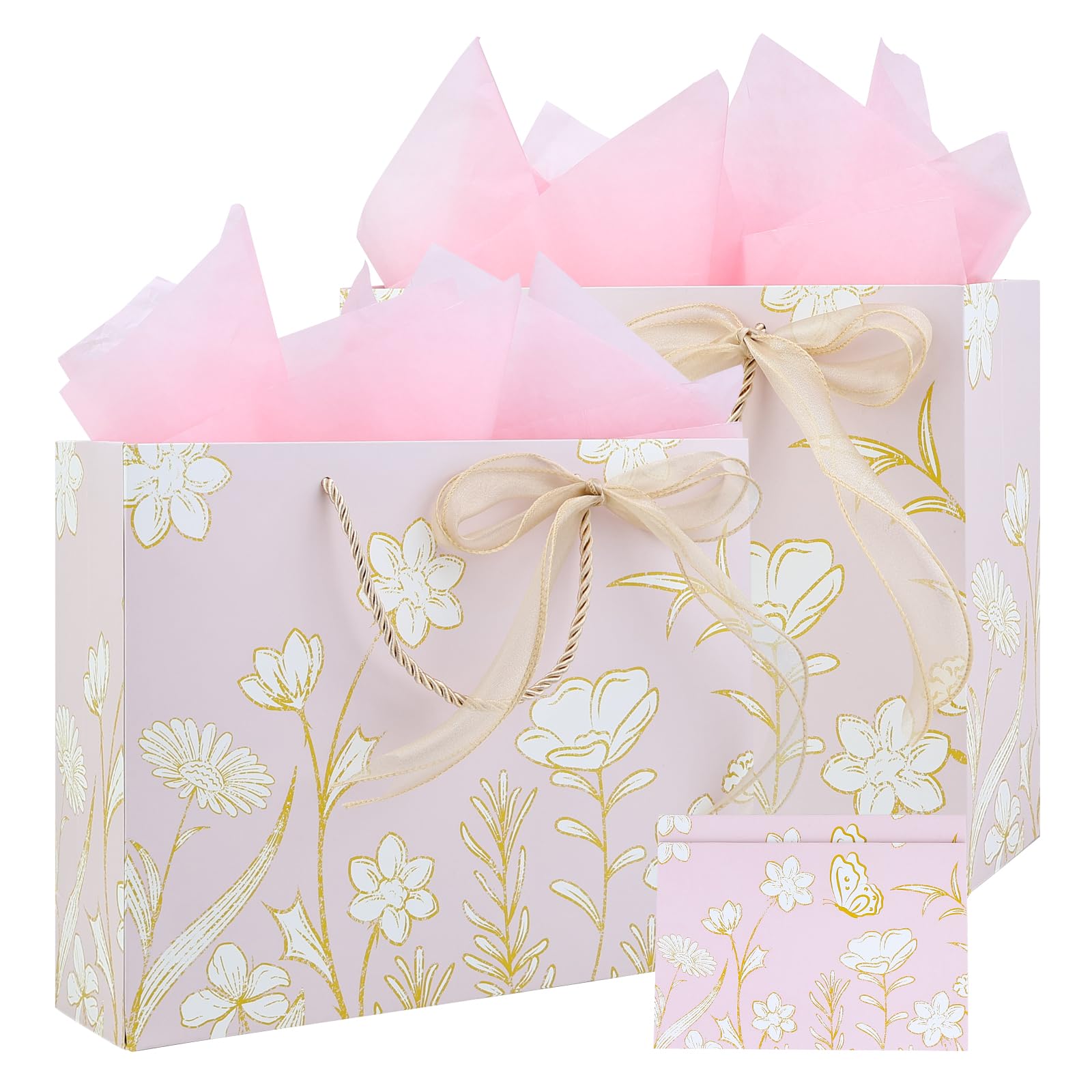 Vkkperp 2Pcs 12.6" Large Light pink Gift Bags Set with Handles including Tissue Paper Envelope Sticker Greeting Card and Bow Ribbon for Wedding Party, Birthday, Mother’s Day, Valentine's Day