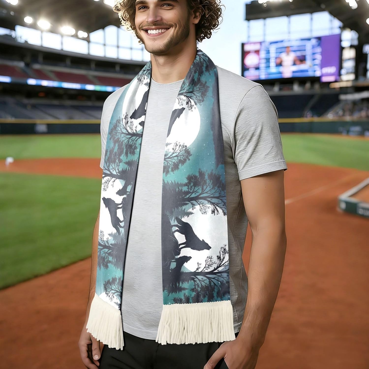 CHIFIGNO Wolf Moon Forest Sports Fan Scarf for Soccer Game, Soft Polyester Quick Dry Towel Scarf for Fans, Comfortable and Vibrant Print