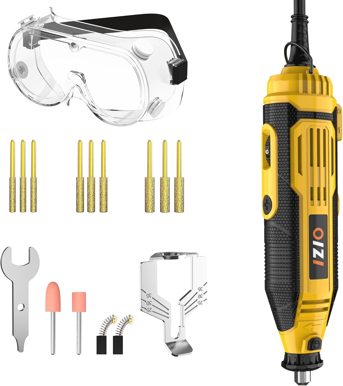 IZIO Yellow Professional Electric Chainsaw Sharpener Kit with 9 Grinding Heads & Precision Guide Plate – High-Speed 8000-32000 RPM for All Chains (0.325” to 3/8” Pitch)