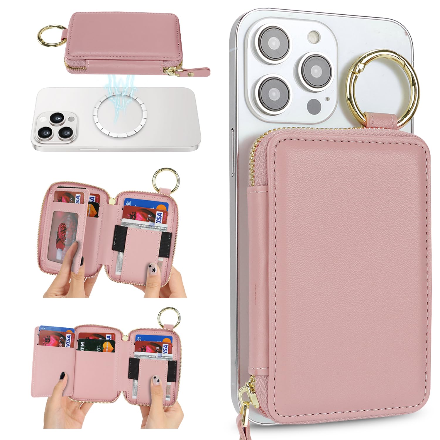 Compatible with MagSafe Wallet,Magnetic Phone Wallet Card Holder for iPhone 18/17/16 Pro Max/15 plus/14 Pro/13/12 Series,PU Leather Zipper Pocket Adjustable Stand-Rose Gold