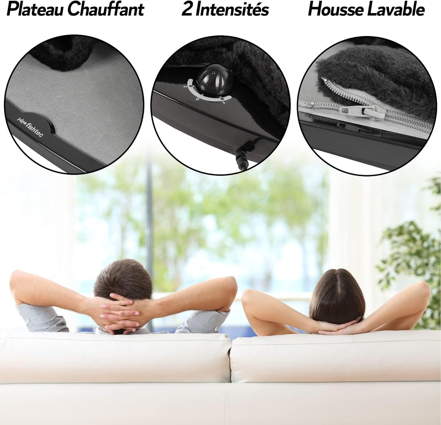 FISHTEC Chauffe Pieds Chauffant Électrique - Chancelière avec Thermostat, 2 Niveaux de Température Maintien vos au Chaud en mn Housse Lavable machine Noir