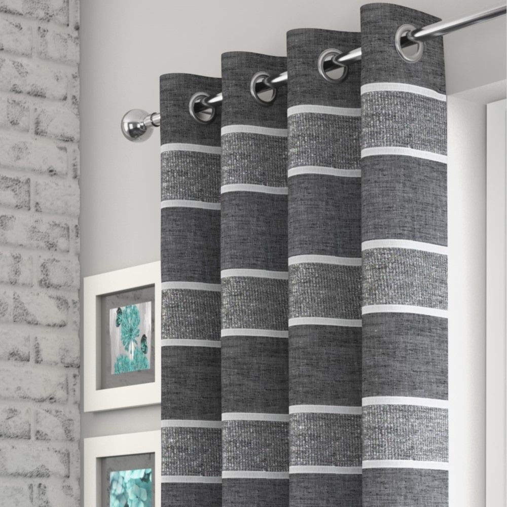 Mirabel Brooklyn Striped Eyelet Ring Top Voile Curtain Panel - Black (55" Wide x 72" Drop)
