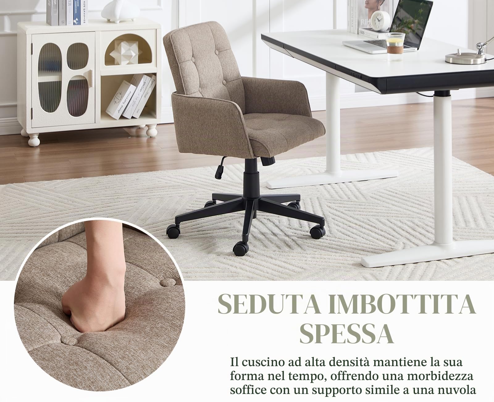 chairus Sedia da Ufficio Girevole con Ruote in Lino, Marrone | Sedie per Scrivania con Schienale Trapuntato Sedia Ufficio Altezza Regolabile con Braccioli per Ufficio/Studio/Trucco