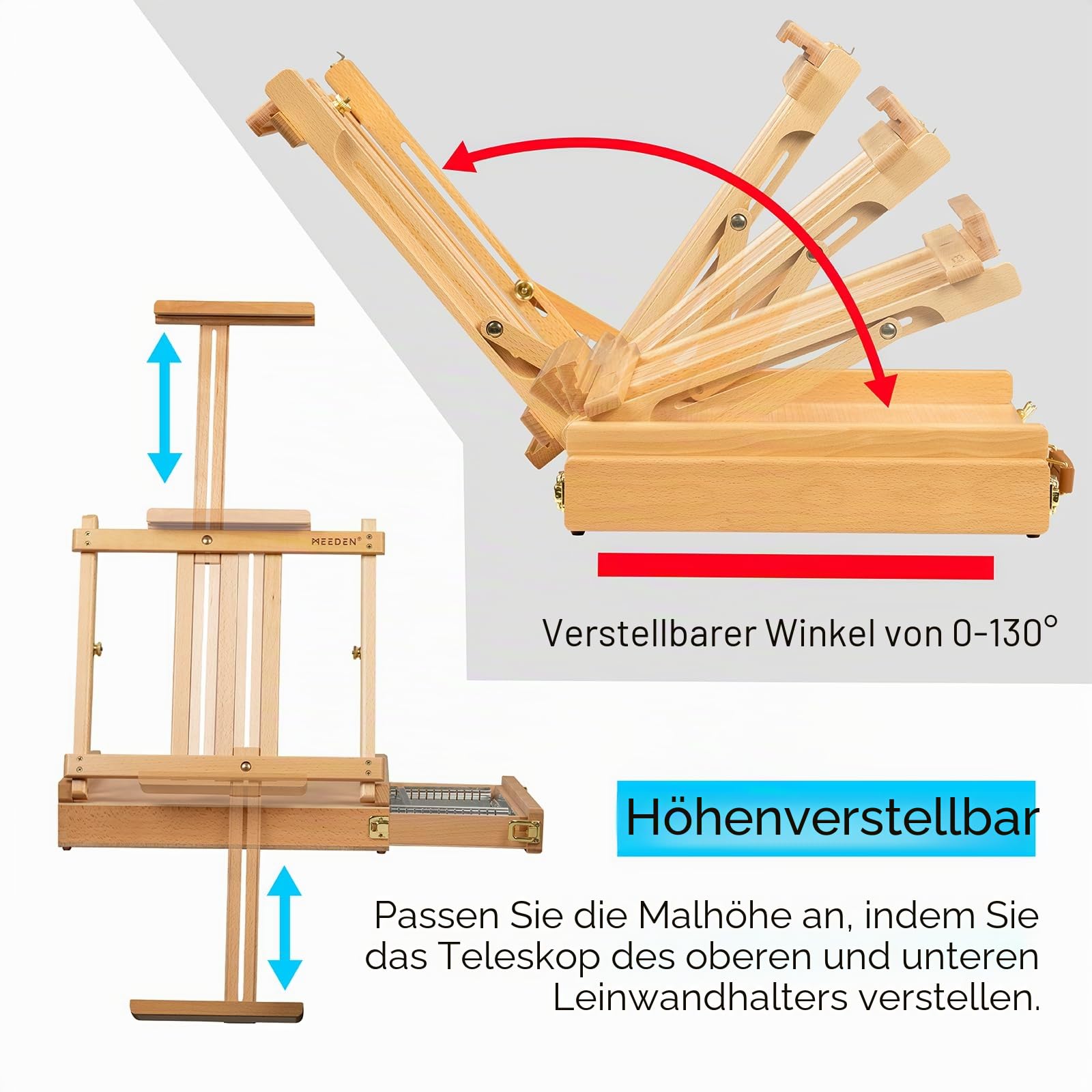 MEEDEN Skizzenkasten Tischstaffelei mit Metallschublade - Verstellbare Staffelei & Skizzenbox aus massivem Buchenholz, Kunststaffelei mit Stauraum für oder Plein Air, hält Leinwände bis zu 86,4 cm