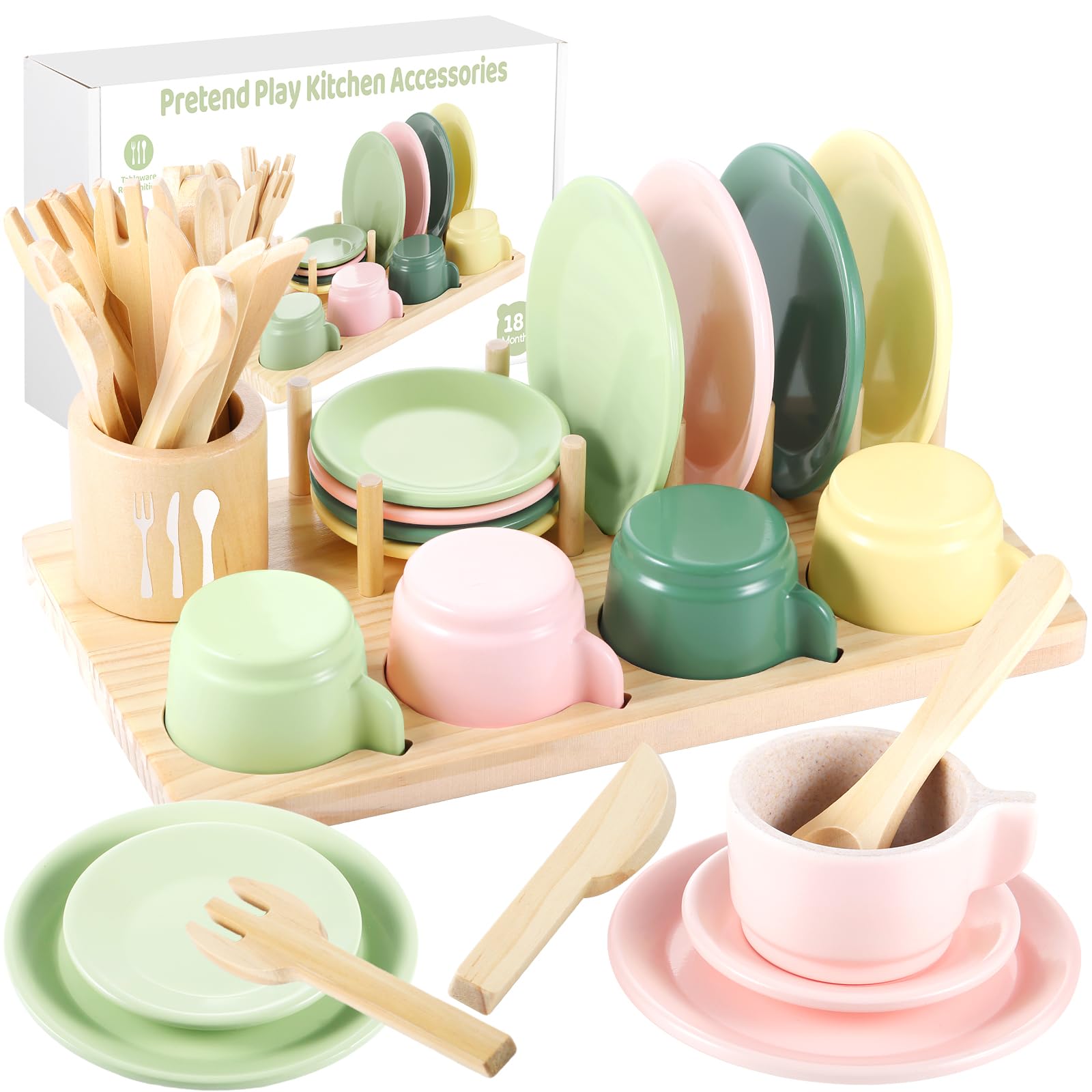 GAGAKU Wooden Play Kitchen Accessories - 25Pcs Montessori Play Dishes Set with Integrated Storage Stand, Bright Color Plates & Bowls, Pretend Cooking Toys for Ages 3-5, Educational Gift for Toddler — image 1