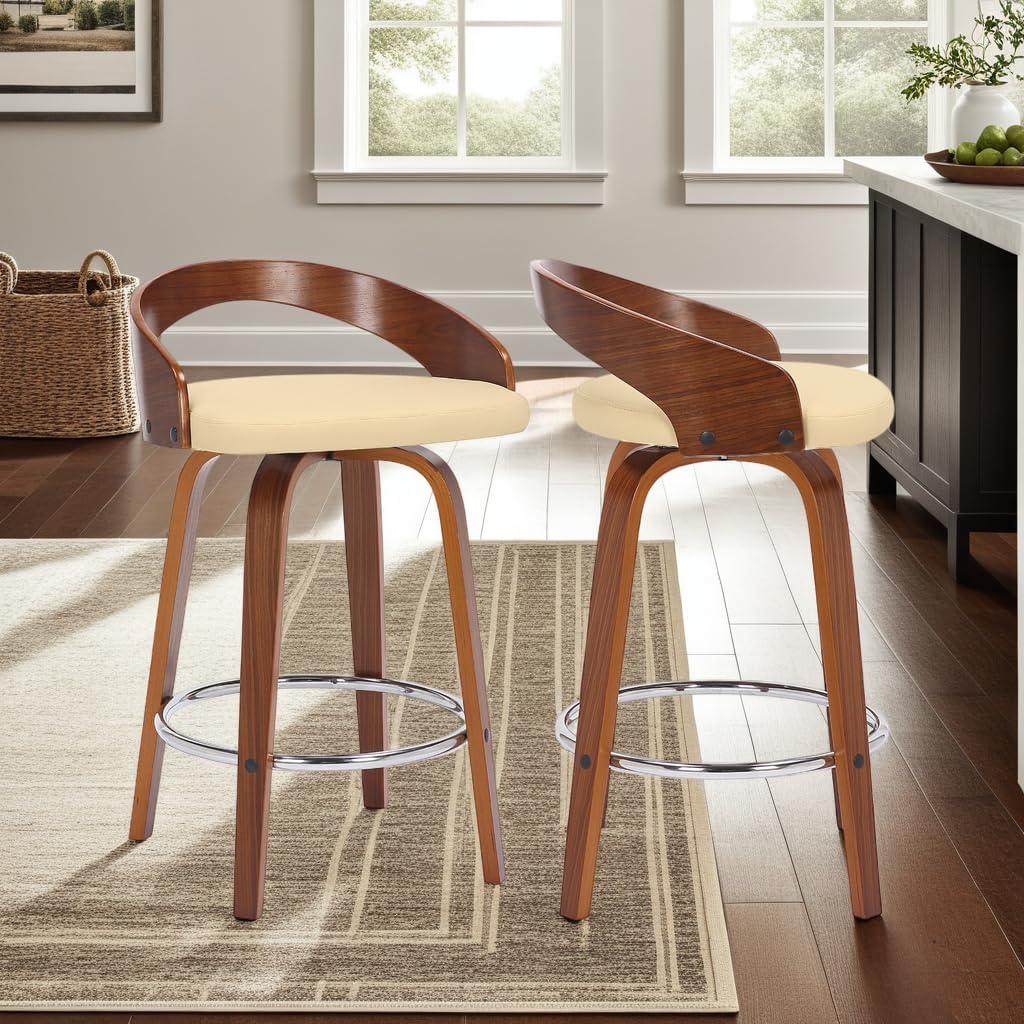 Armen Living Sonia 26" Counter Height Swivel Cream Faux Leather and Walnut Wood Bar Stool Cream and Walnut Wood 26" Seat Height 1