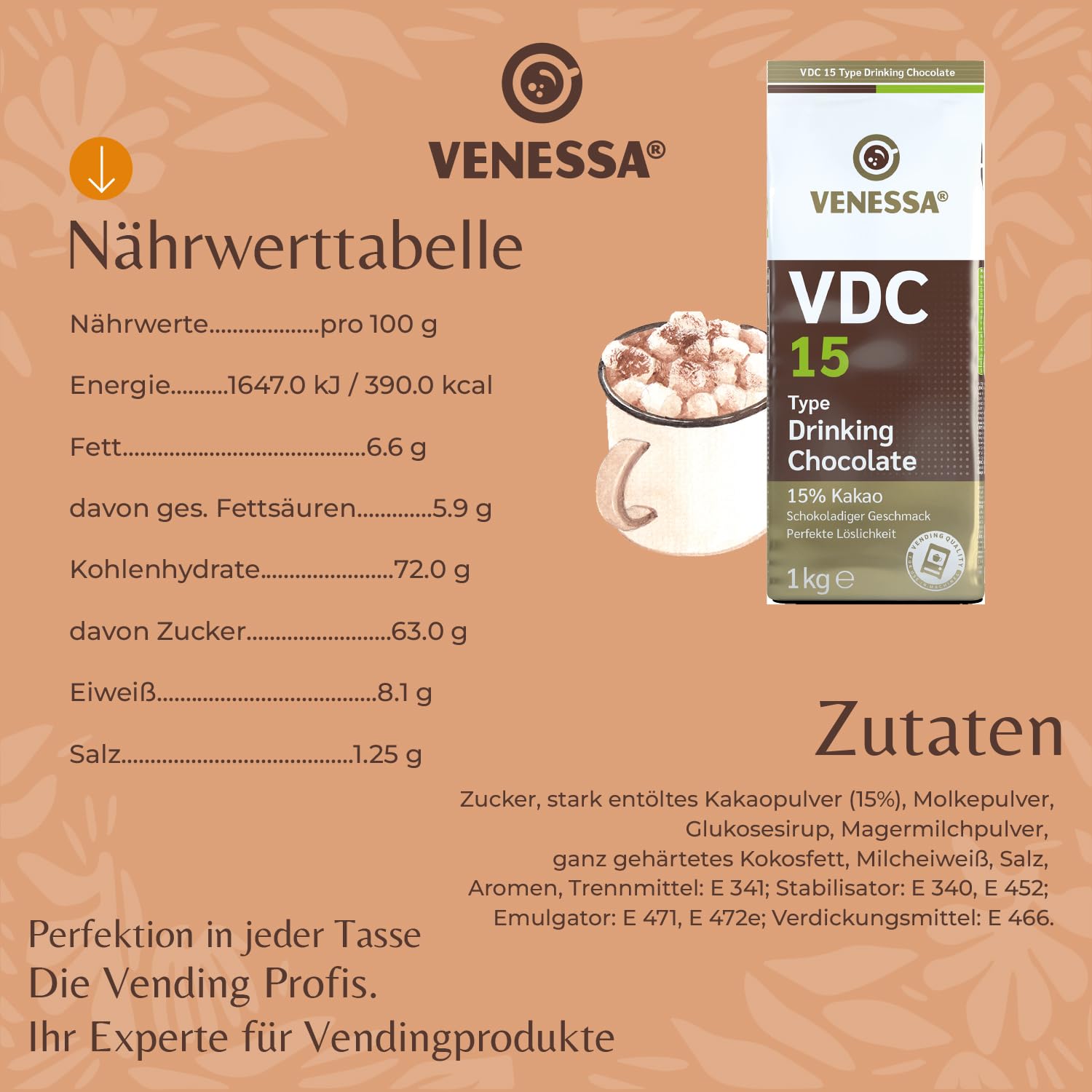 Venessa VDC 9 - Chocolate para beber (5 x 1 kg, 9% de cacao y leche, cacao en polvo para gastro, máquinas expendedoras, ligeramente dulce, agradable