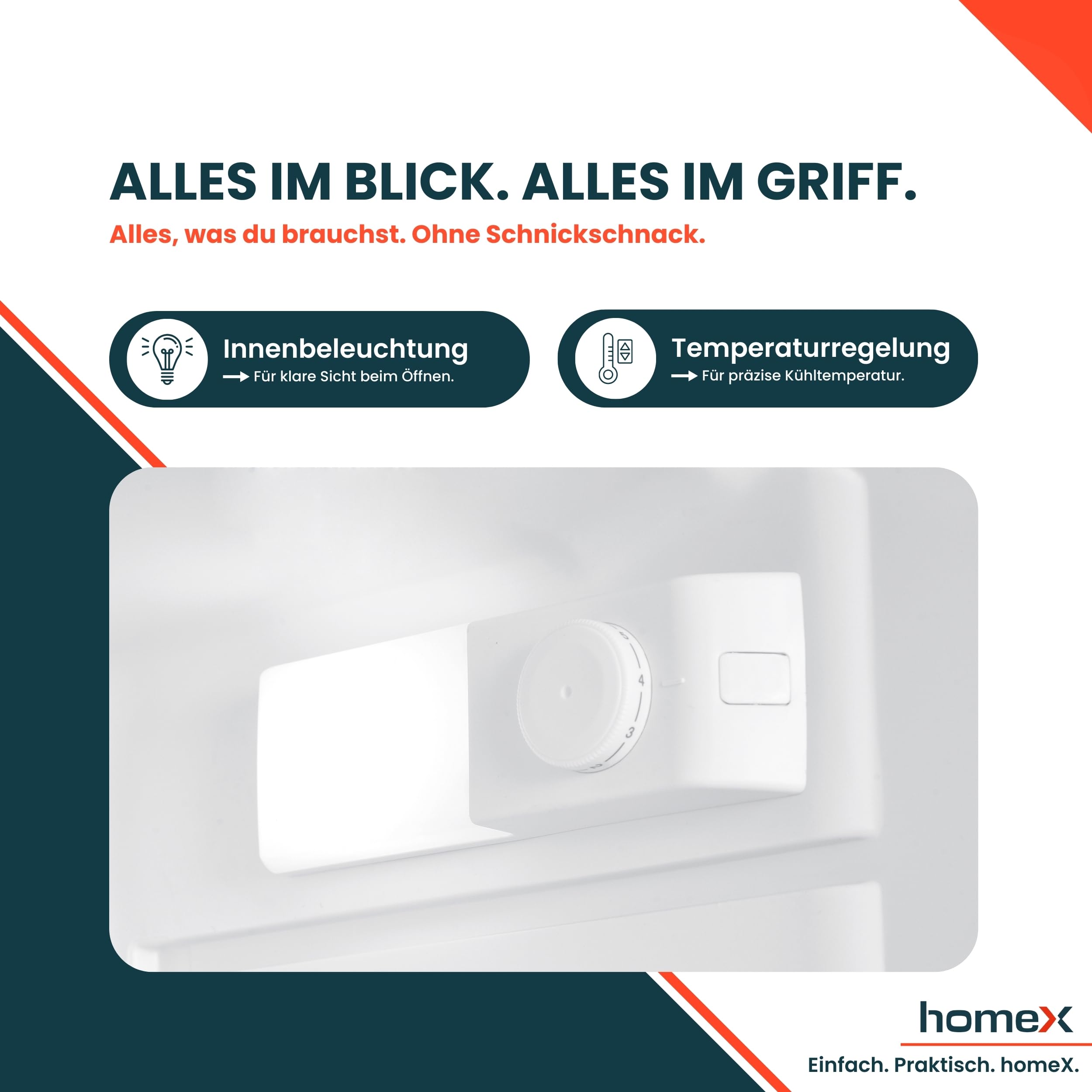 homeX Einbaukühlschrank 88cm Nische 129 Liter Schlepptürtechnik LED-Beleuchtung leise 37 dB CB1291E