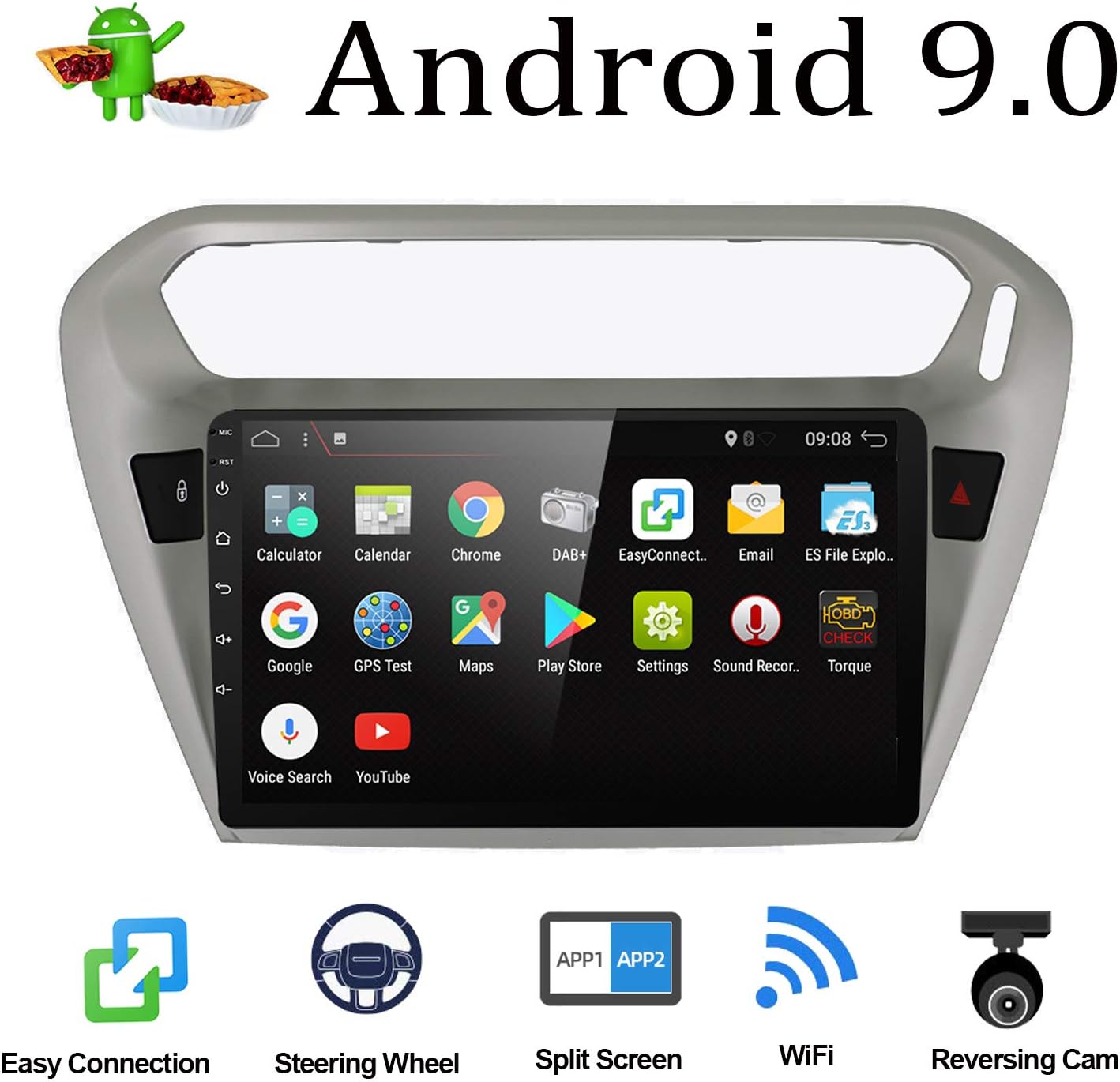 Android 9.0 Double Din Car Stereo for Peugeot 301 2014 Radio GPS Navigation Head unit | 9 Inch 1024x600HD | Support Bluetooth Steering Wheel WIFI USB | Free Backup Camera & Canbus |