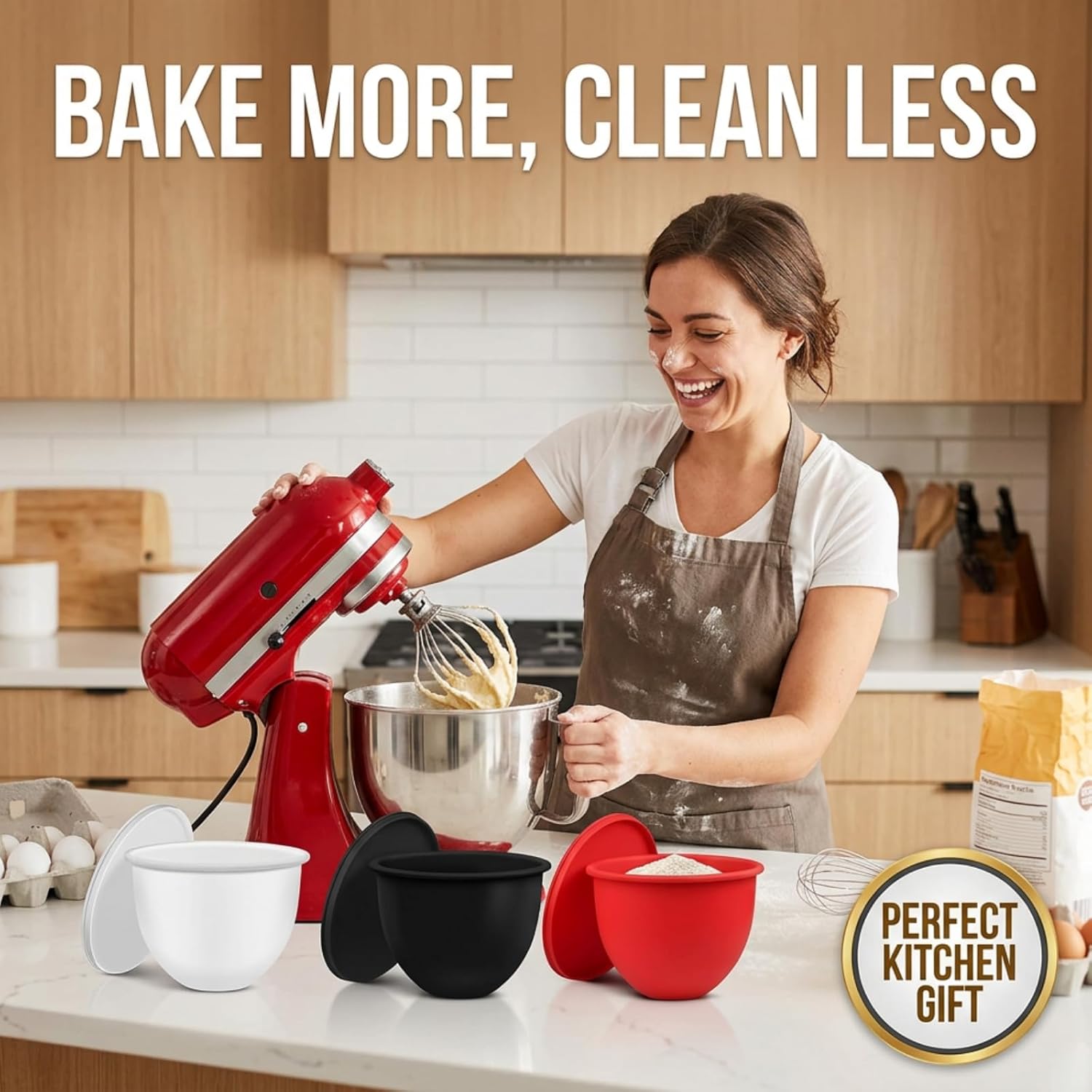 Silicone Bowl Liners for 5 Qt Tilt-Head Stand Mixers Only, Thick Odorless Non-Stick Mixing Bowl Inserts with Lids, Heat & Cold Resistant, Easy-Clean Set of 3