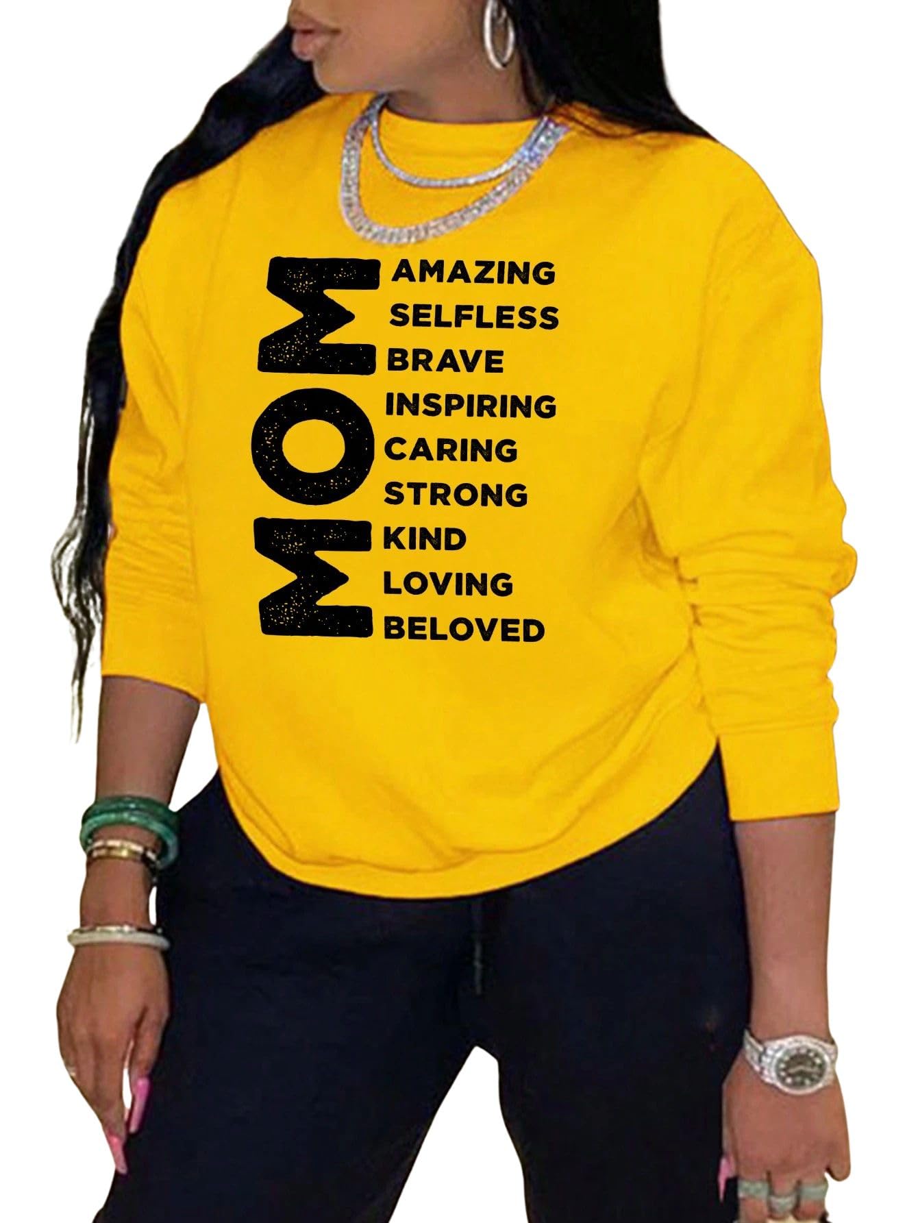 sxv style MOM Amazing Selfless Brave Inspiring Caring Strong Kind Loving Beloved Sweatshirt, Yellow, Long Sleeve-picture-32