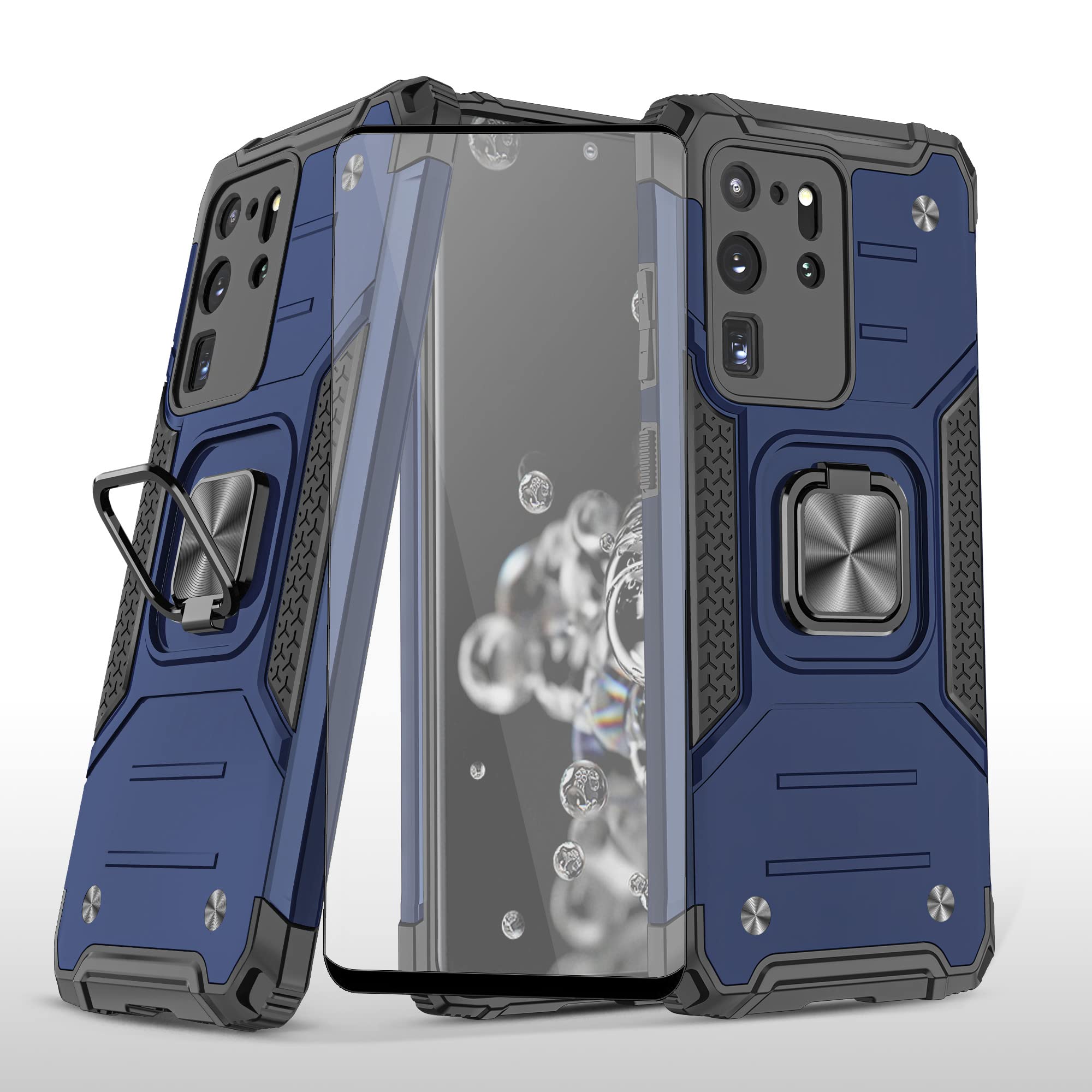 Asuwish Phone Case for Samsung Galaxy S20 Ultra 5G with Tempered Glass Screen Protector Cover and Ring Holder Stand Slim Hybrid Protective Cell S20ultra 20S S 20 A20 S2O 20ultra G5 Women Men Blue