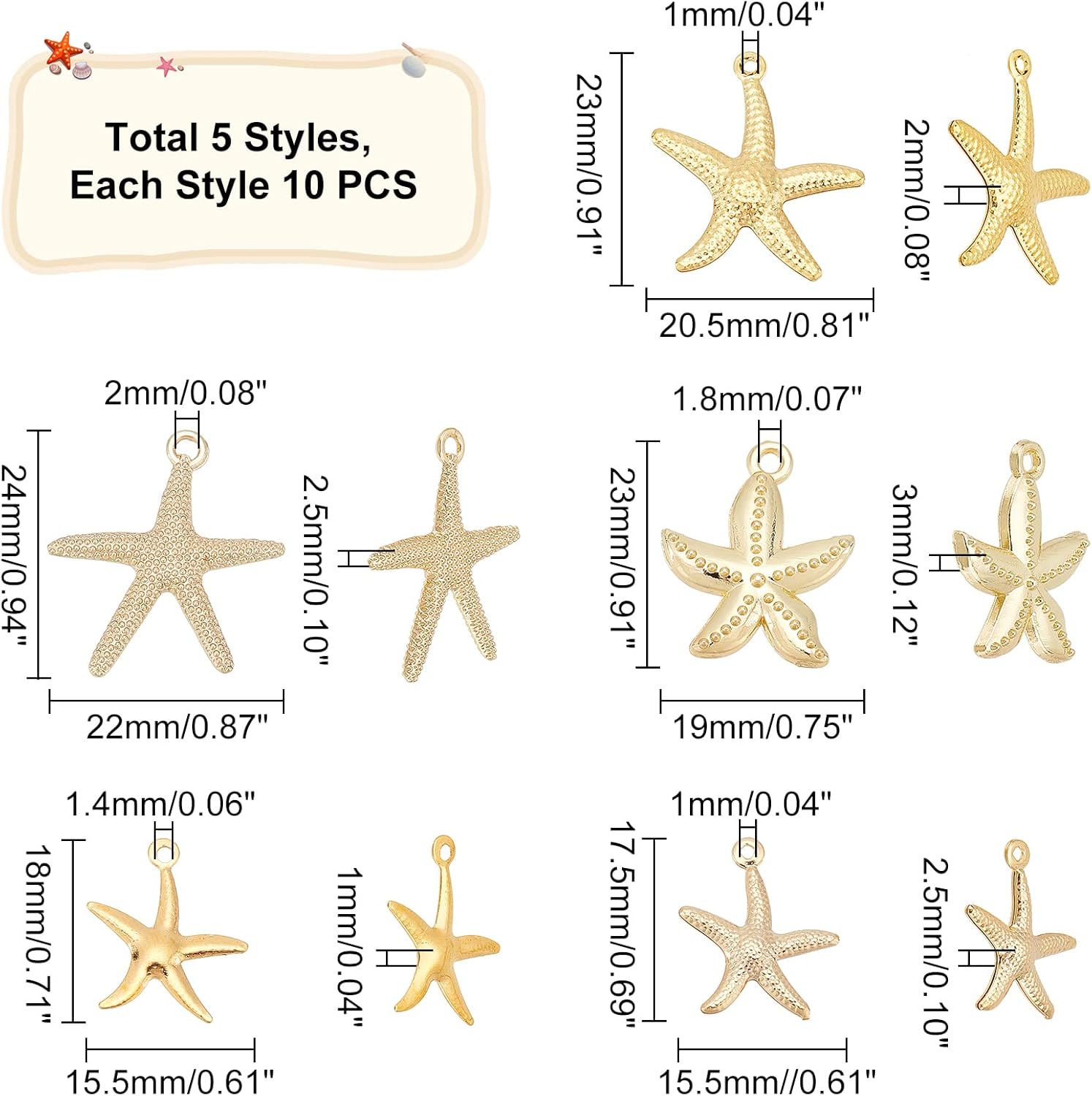 PH PandaHall 50pcs Metal Starfish Pendants, 5 Styles Sea Star Fish Charms Ocean Theme Charms Golden Sea Animal Pendans for Summer Hawaii Necklace Bracelet Earring Jewelry Making - Image 7