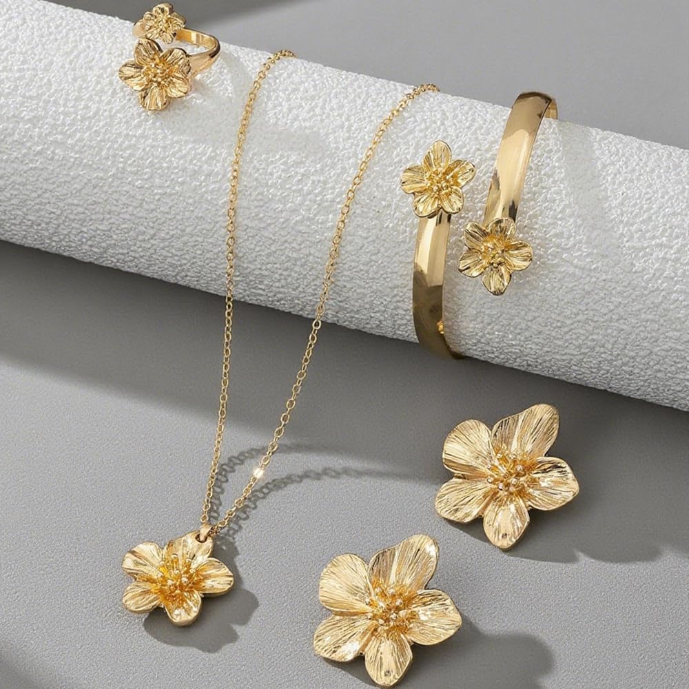 4 Pcs Hibiscus Flower Pendant Necklace Bracelet Earrings Ring for Women Gold Flower Jewelry Set Chunky Statement Hibiscus Jewelry - Image 5