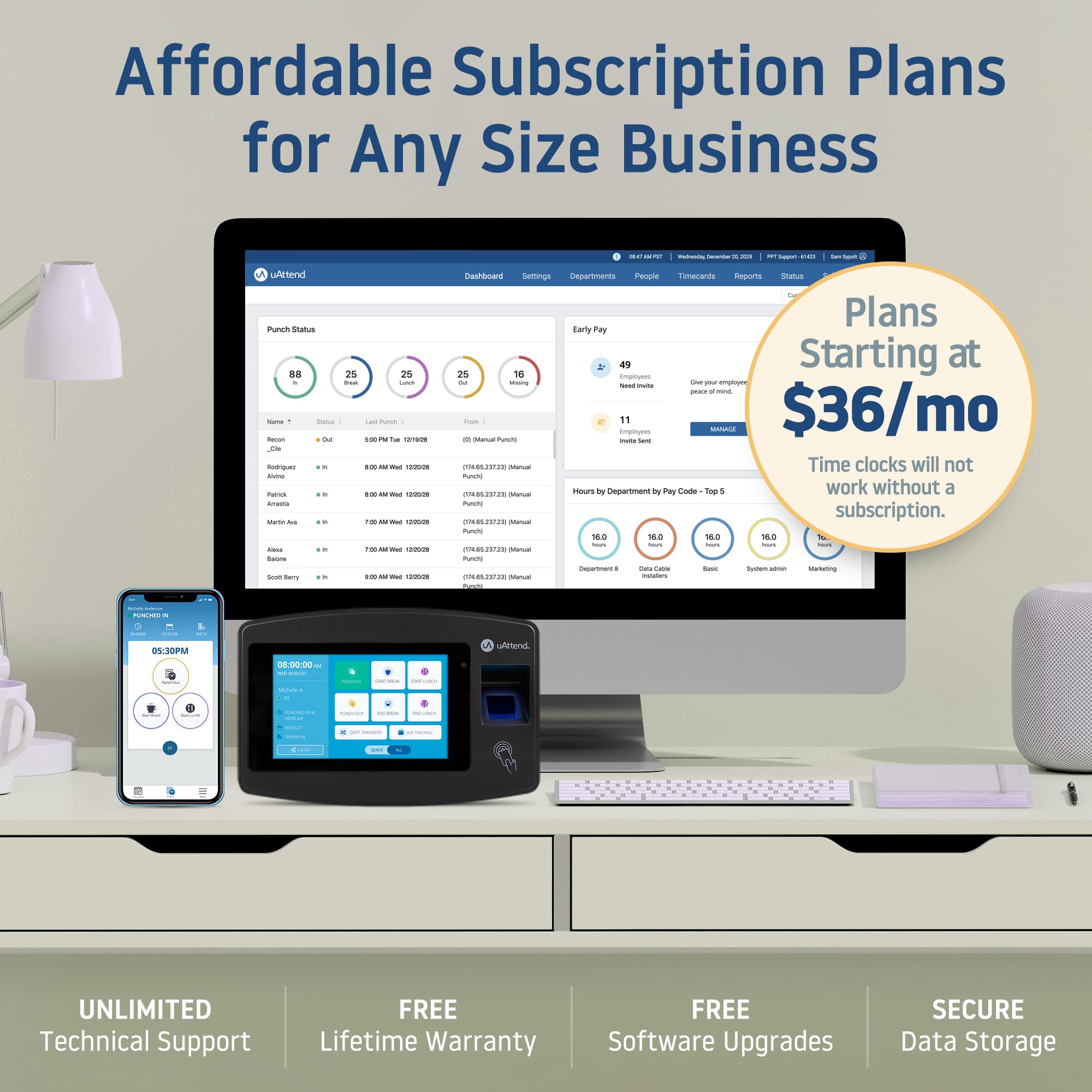 uAttend Touch-Free Voice Control and Facial Recognition Time Clock with Temperature Reader DR2500 — view 6