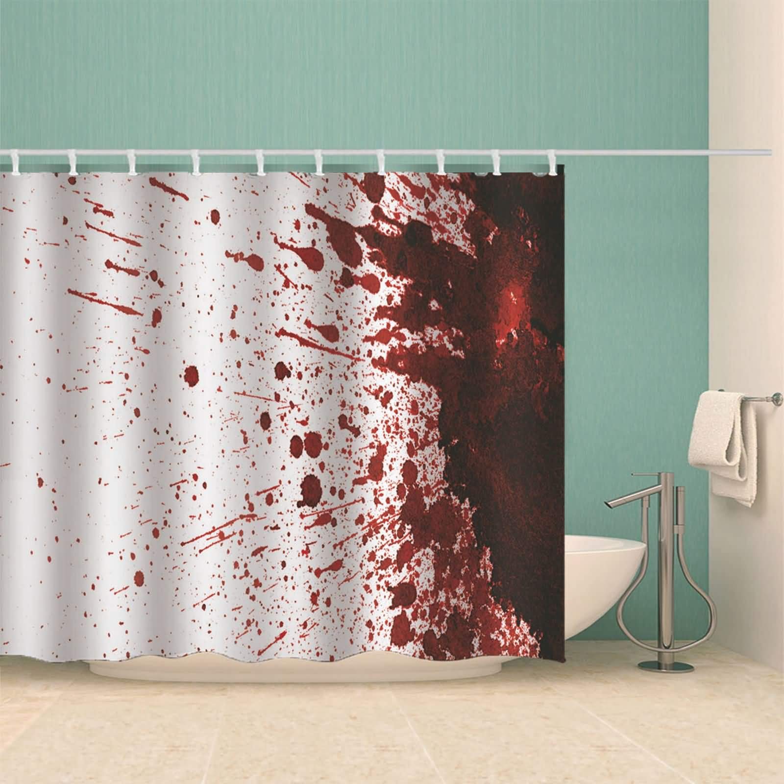AMDXD Duschvorhang 180x200cm, Bespritzt Blut Badewanne Vorhang aus Polyester mit 12 Duschvorhangringen, für Badezimmer Badewanne, Schnelltrocknend, Anti-Schimmel, Waschbar, Weiß Rot 71X79″