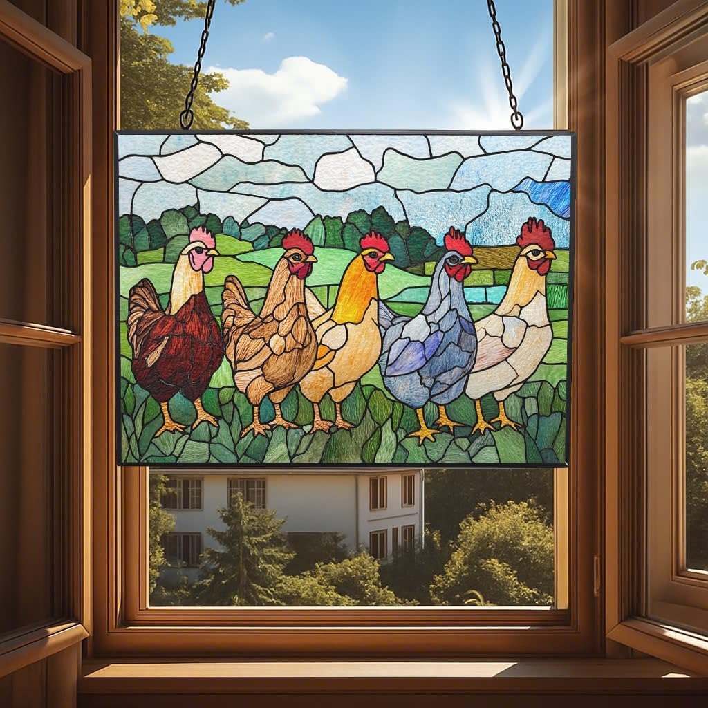 Rectangle Vintage Chicken in The Backyard Stained Glass Window Hanging Customized Suncatcher Glass Panel with Metal Chain Sun Catchers Wall Art Home Decor Gift for Women Mother's Day
