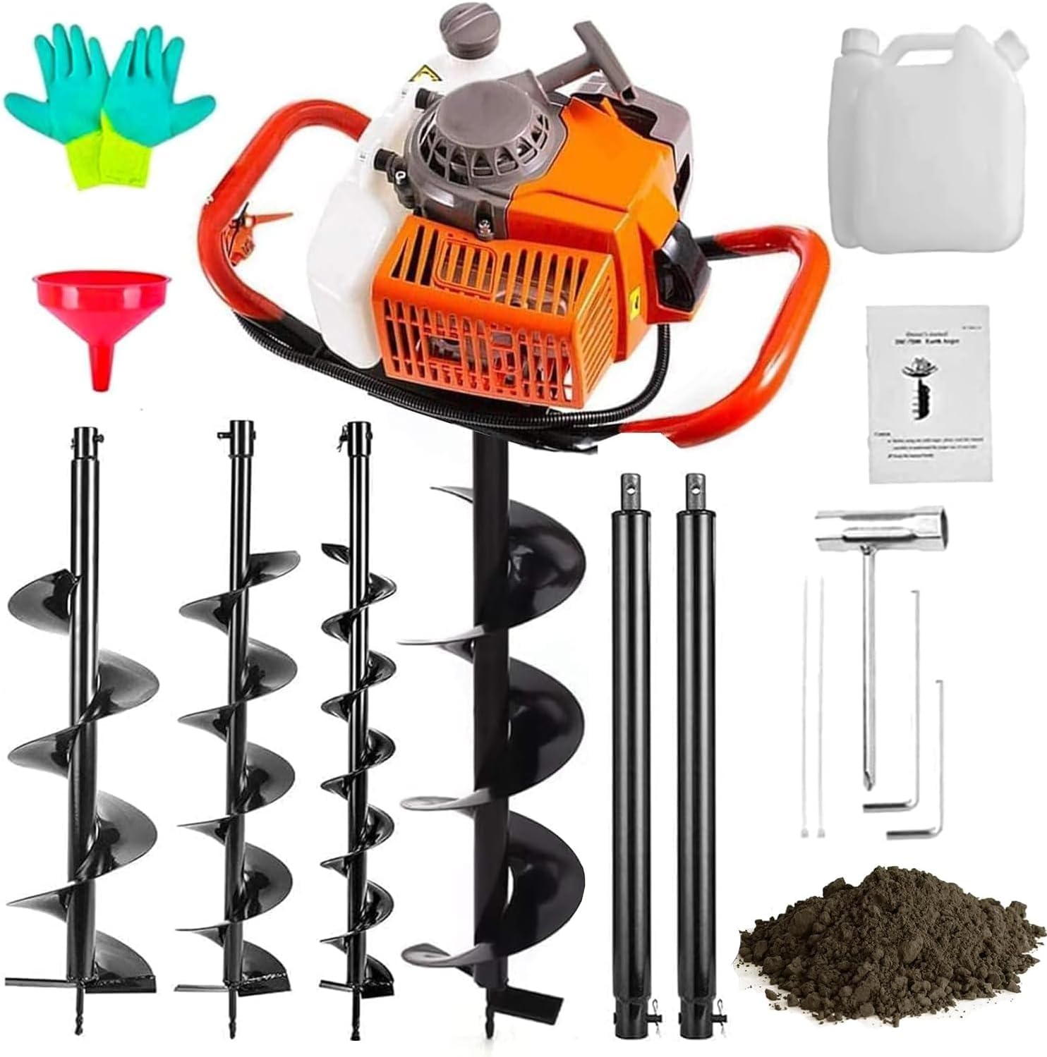 Gas Powered 72CC Post Hole Digger for Fence and Planting with 3 Auger Drill Bits (4" 8" & 12") + 2 Extension Rods（24" & 24"）, for Farm Garden Plant Earth Auger Drill Bits.