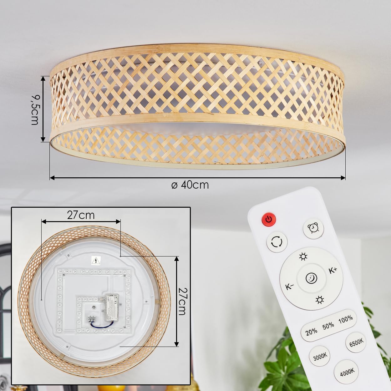 Lámpara De Techo Bauro, Moderna De Metal/bambú/madera En Color Negro/natural, De Diseño Boho Con Gran Efecto De Iluminación En El Techo, 40 Cm, 3 Luces, 3 X E27, Sin Bombillas