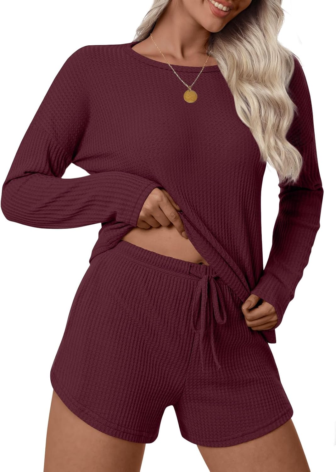 Anyhold Womens Waffle Knit Pajama Sets Lounge Sets Long Sleeve Top and Shorts Loungewear 2 Piece with Pockets