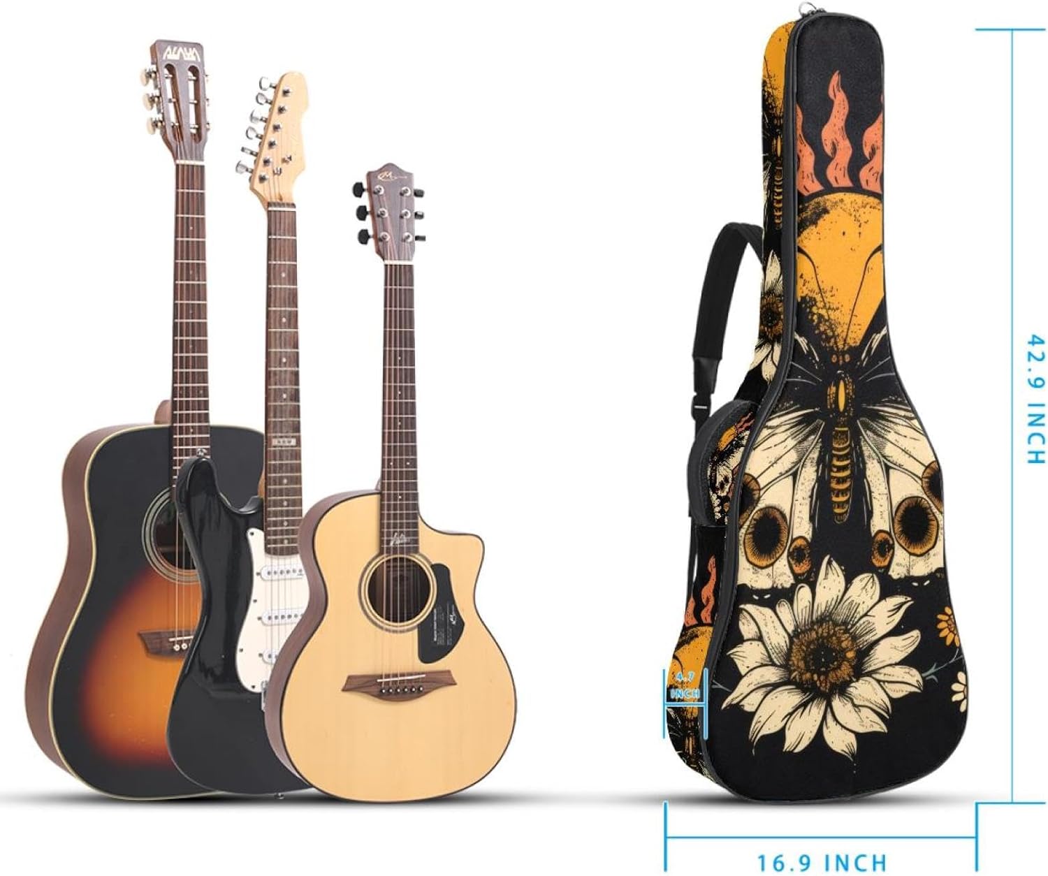 Acoustic Guitar Bag, 40 41 42 Inch Guitar Case Cover Soft Guitar Gig Bag for Acoustic Electric Bass Classical Guitar, Vintage Butterfly with Sun Flowers on Black