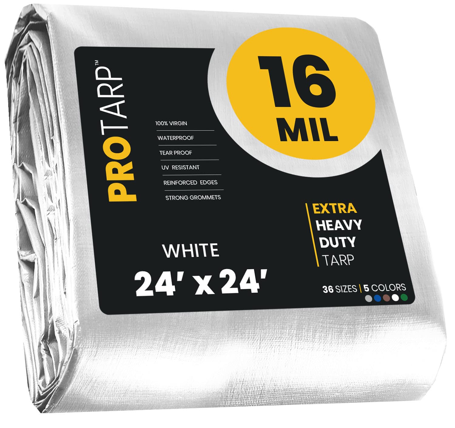 Extra Heavy Duty 16 Mil Tarp Cover, Waterproof, UV Resistant, Rip and Tear Proof, Poly Tarpaulin with Reinforced Edges for Roof, Camping, Patio, Pool, Boat. (White 24′ X 24′)