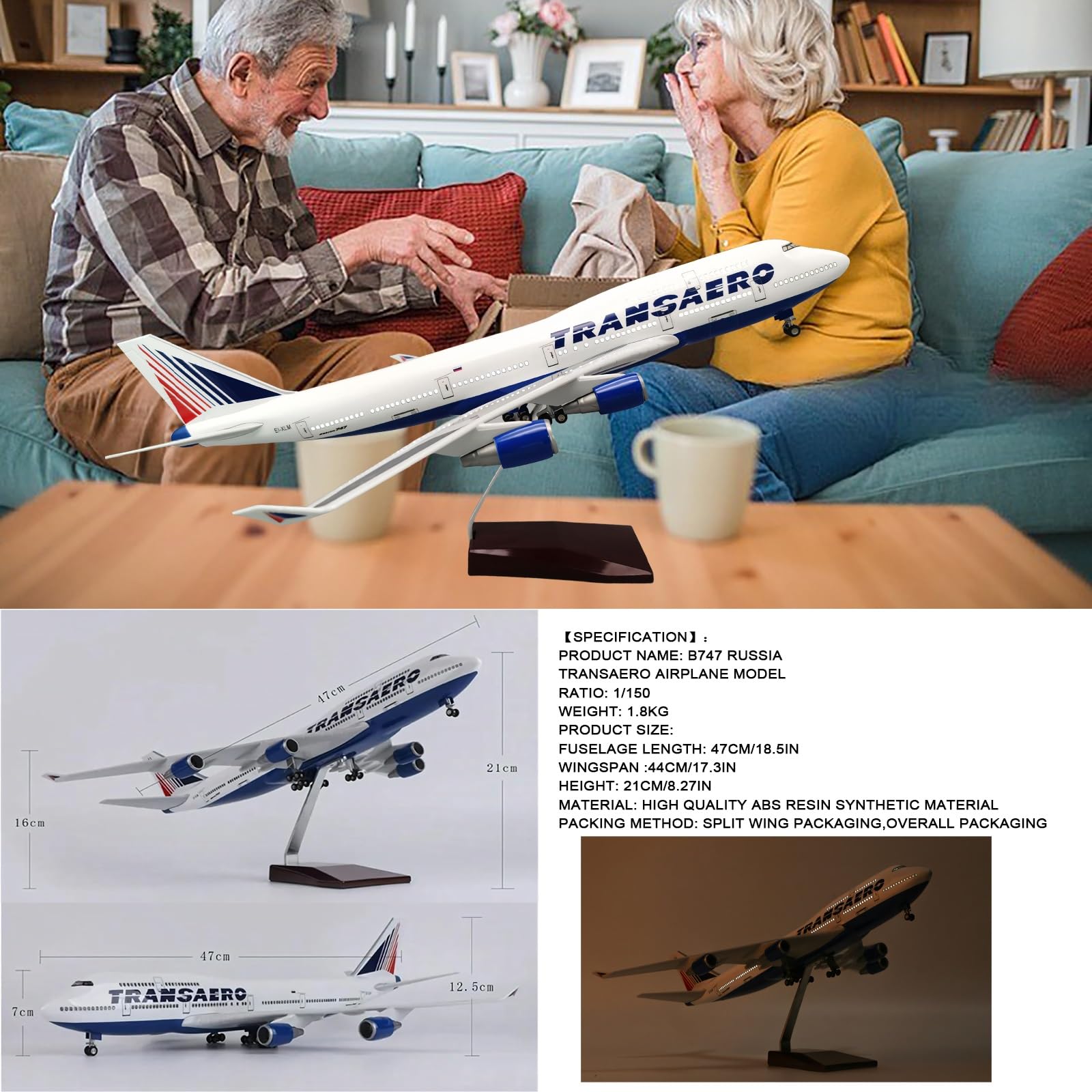 47CM 1:150 Russia Transaero Airlines B747 modello di aereo aereo macchina for pressofusione con luce e carrello di atterraggio ruote for appassionati aviazione, arredamento(With light)