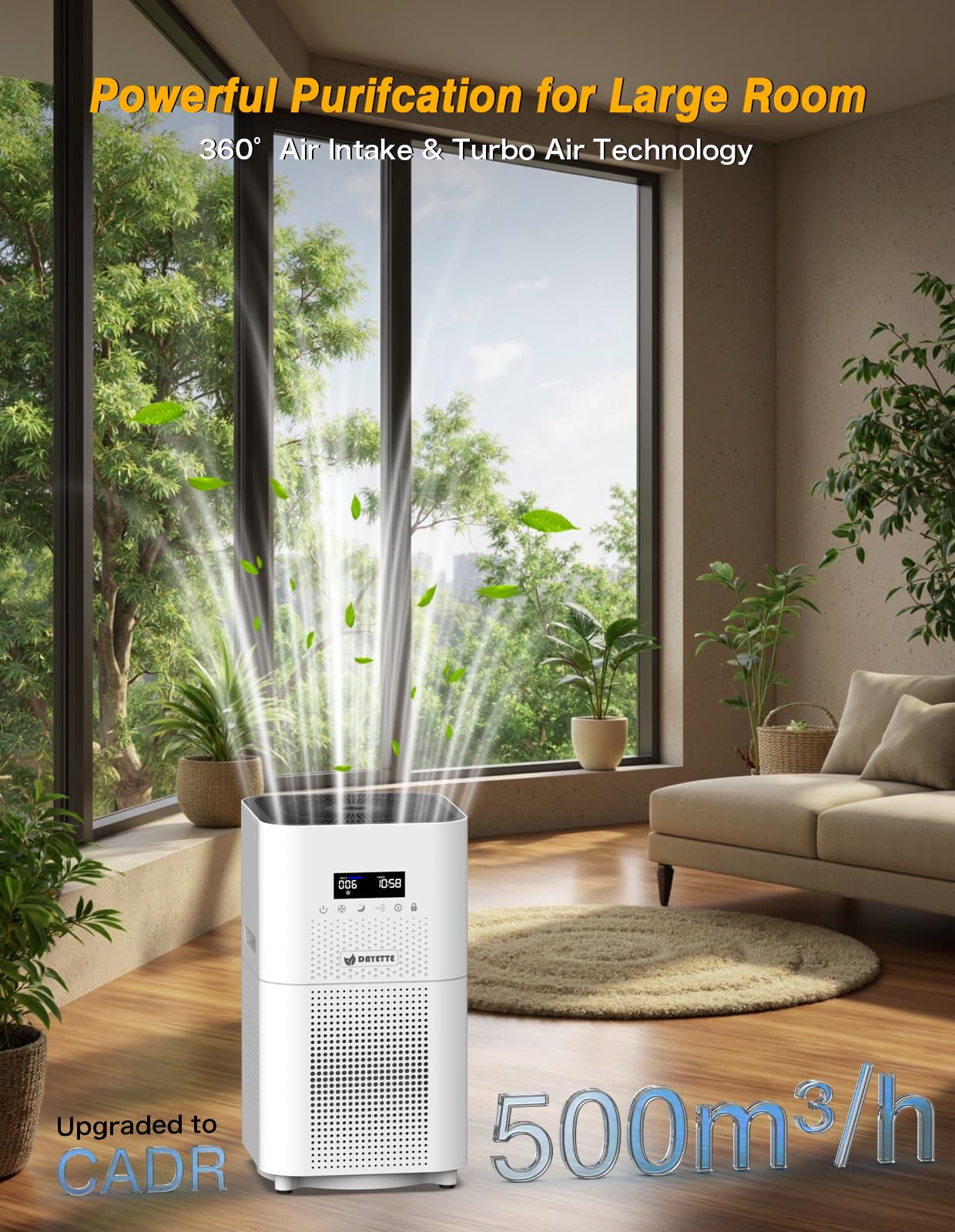 DAYETTE Purificadores de aire para el hogar, habitación grande de hasta 3000 pies cuadrados, actualización CADR a 500 m³/h H14 Ture Hepa, purificador de aire con monitor de calidad del aire, modo de