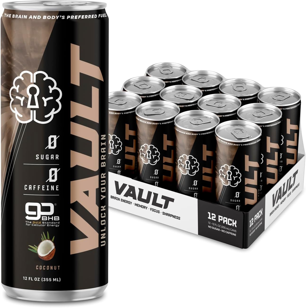 VAULT Caffeine Free Brain Energy Drink – Nootropic for Mental Focus Sharpness Memory and Reaction Time – No Crash or Jitters – Sugar Free – 12 Fl Oz (Pack of 12) – Tangy Coconut Flavor