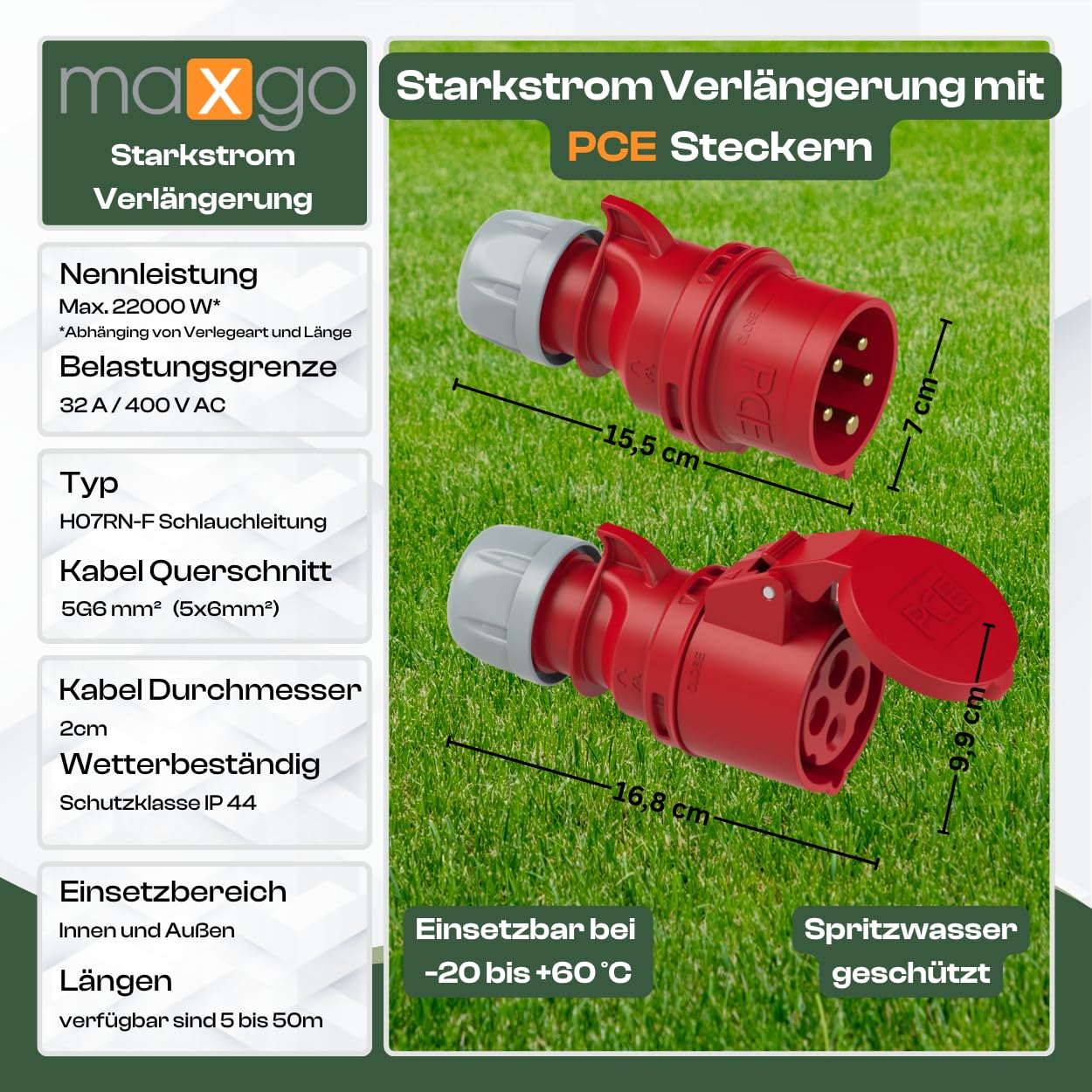 Starkstromkabel 32A 30m H07RN-F 5x6 Starkstrom Verlängerungskabel CEE Verlängerung 32 Ampere Kabel 5x6mm2 Baustelle Werkstatt Industrie Geeignet Outdoor IP44 Spritzwassergeschütz