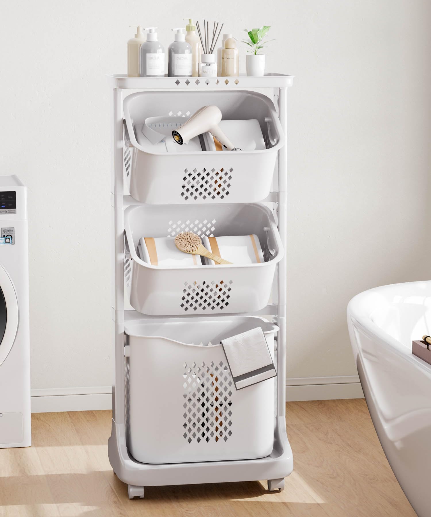 Yorbay Cesta Portabiancheria con Ruota e Manico, 3 Ceste Estraibili, Cesto per Vestiti Sporchi, per Giocattoli, Bagno, Camera, Mobile, 108.8x32.8x43.7cm, Grigio