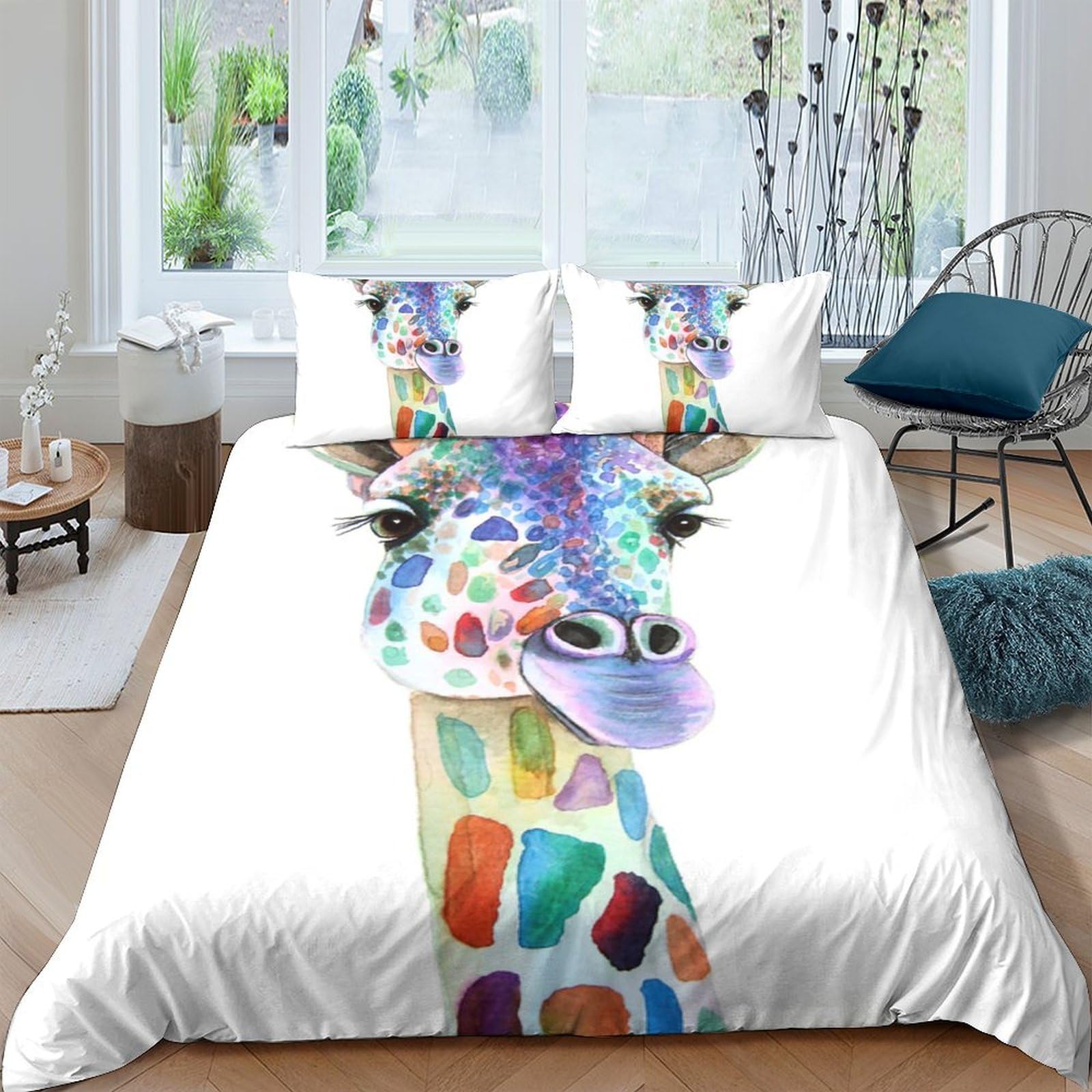 GPLZQXKJNH 3D Printed Colourful Giraffe Duvet Cover Microfiber Soft Breathable Abstract Animal Bedding Set with 2 Pillowcases for Bedroom Decor Single（135x200cm）