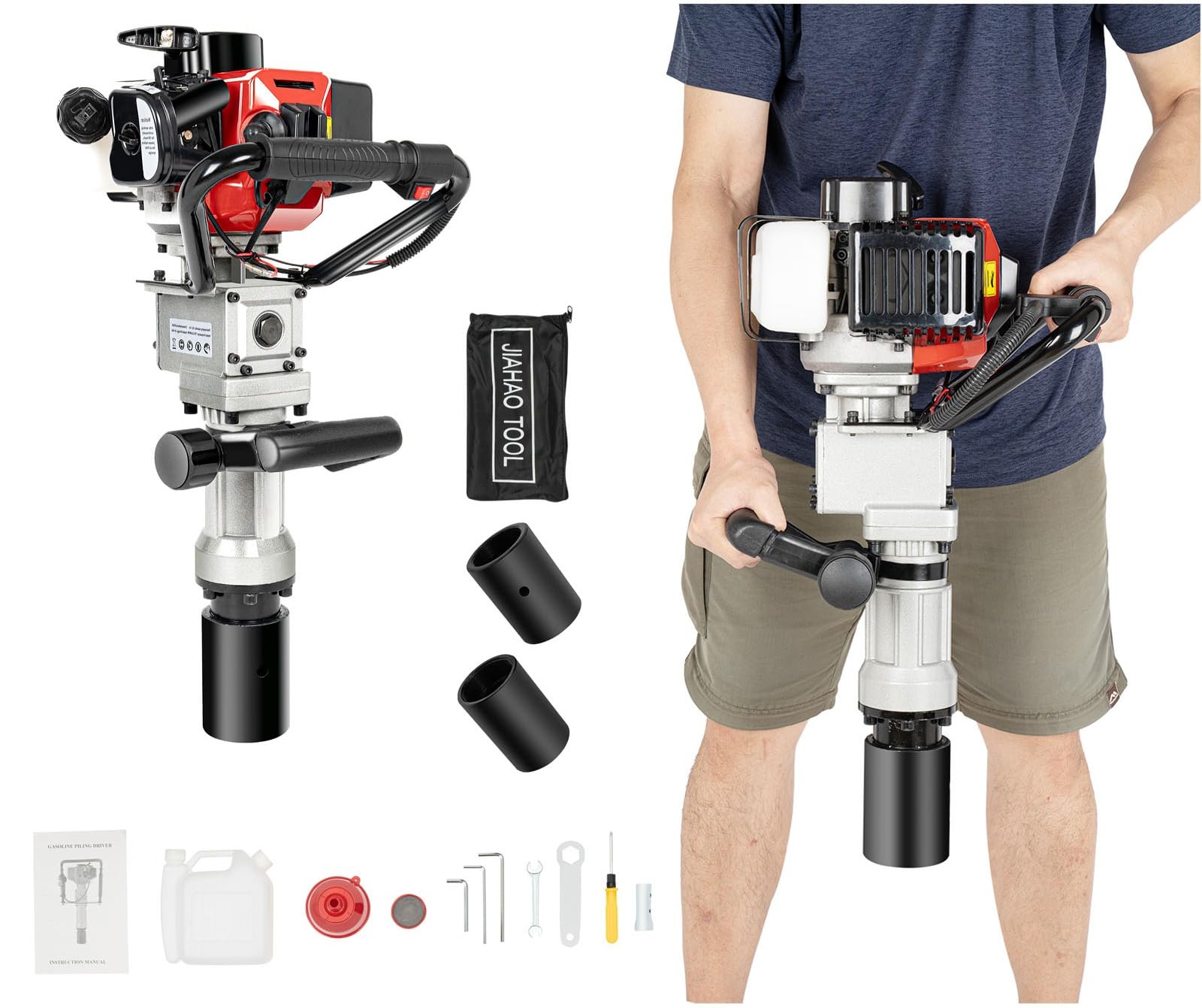 DCEHKR 32.6CC Gas Powered T Post Driver 2 Stroke Gas Powered Pile Driver Fence with Air-Cooled Cooling System 900W Portable Petrol Piledriver Pile