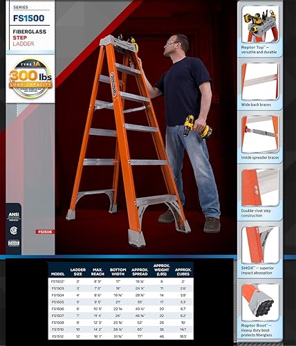 Miniatura 22 de Escalera de tijera Louisville de fibra de vidrio con capacidad de 300 libras, Anaranjado, FS1506