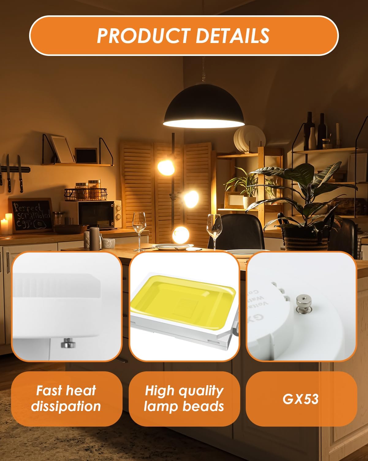 Yuio 4 Pack GX53 LED Bulb, 7W Warm White 3000k Bulbs, Replace 45W and 50W GX53 Halogen or CFL Bulbs, 600LM Non Dimmable - Image 4
