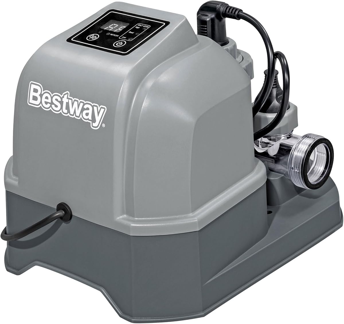 Clorador de agua salada digital autolimpiante Bestway Flowclear Hydrogenic 6 G/H con adaptadores y tiras reactivas de pH para piscinas elevadas
