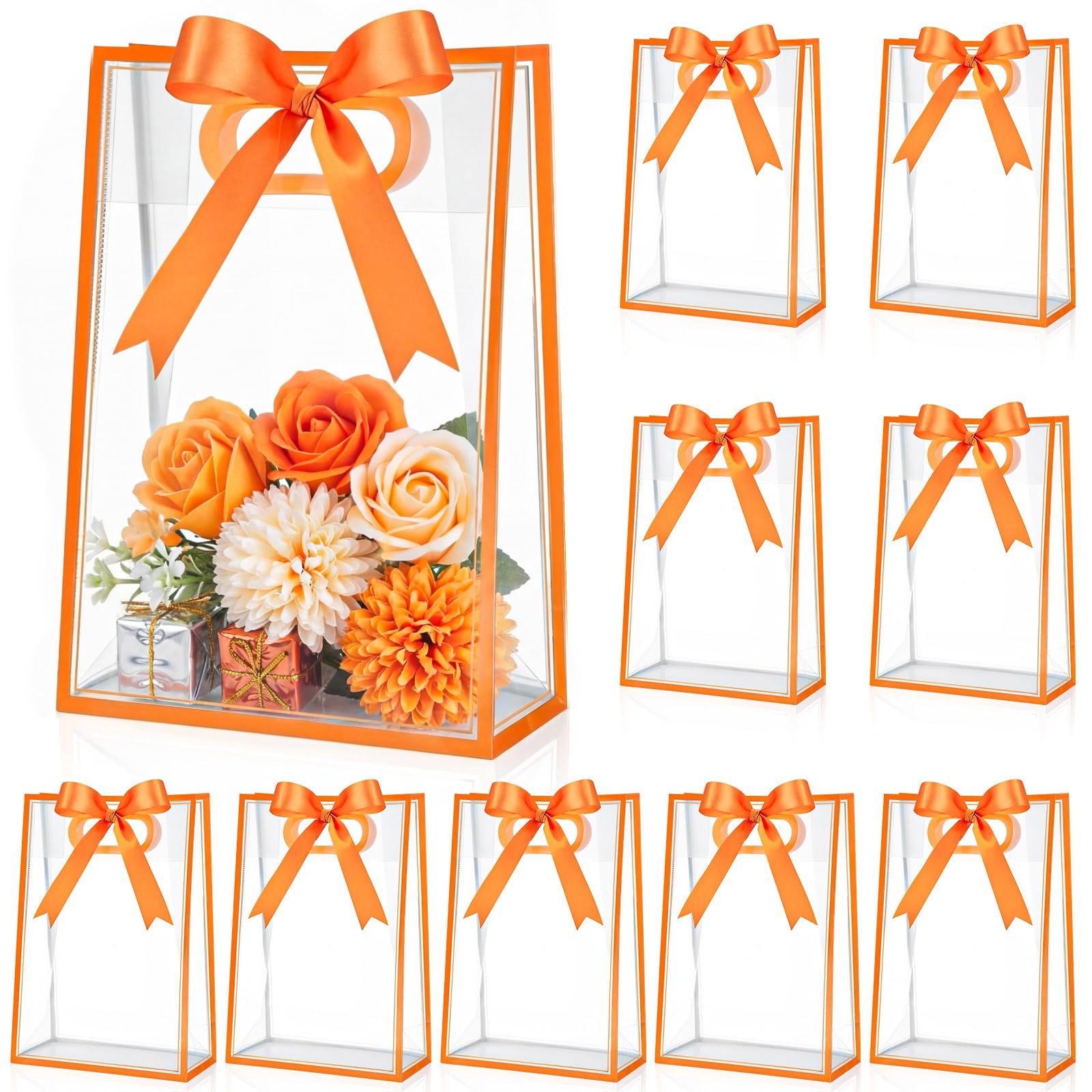 Aliceset 12 Pcs Clear Plastic Gift Bag with Die Cut Handle Reusable PP Favor Bag with Ribbon for Graduation Wedding Bridal Birthday Baby Shower Party Small Business,10x7x3.15in (Orange) — image 1