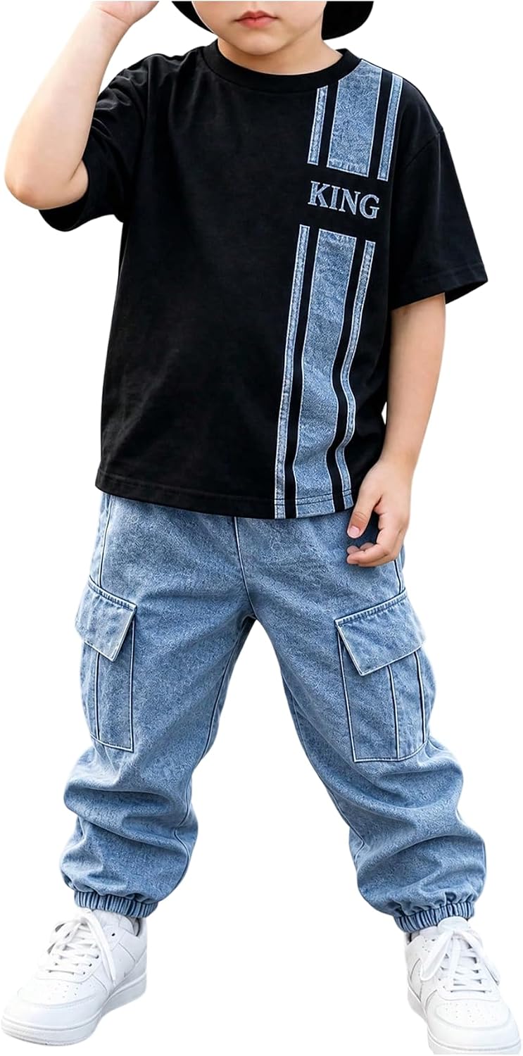 VIPWOLF Boy's 2 Piece Outfits Striped Short Sleeve T Shirts Cargo Jeans